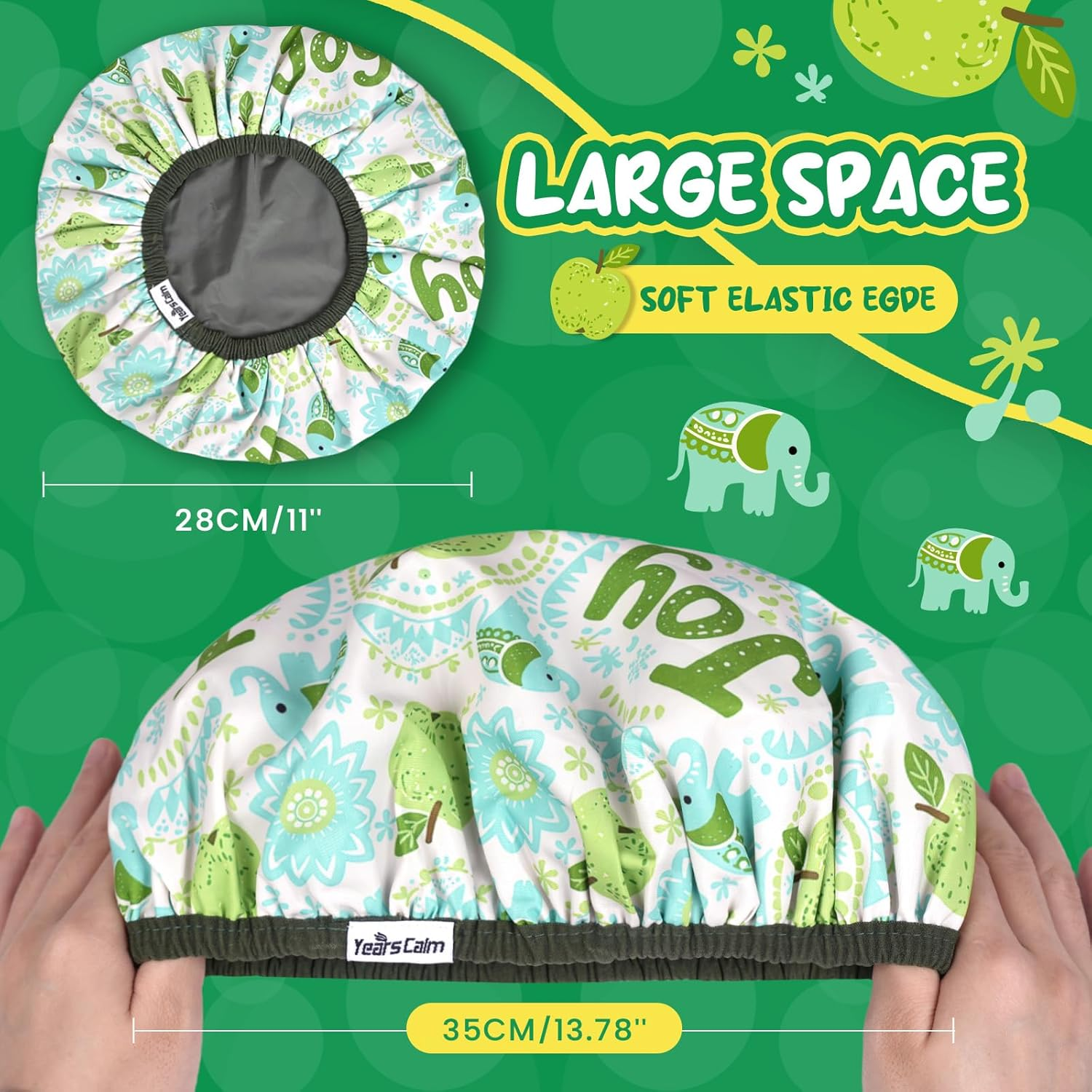 Years Calm Kids Shower Cap, Waterproof Reusable Cartoon Bath Cap with Double Layers & Soft Elastic Band, Washable Shower Hat for Boys and Girls, Great for Daily Bath (Elephant, One Size) - Elephant image number 5