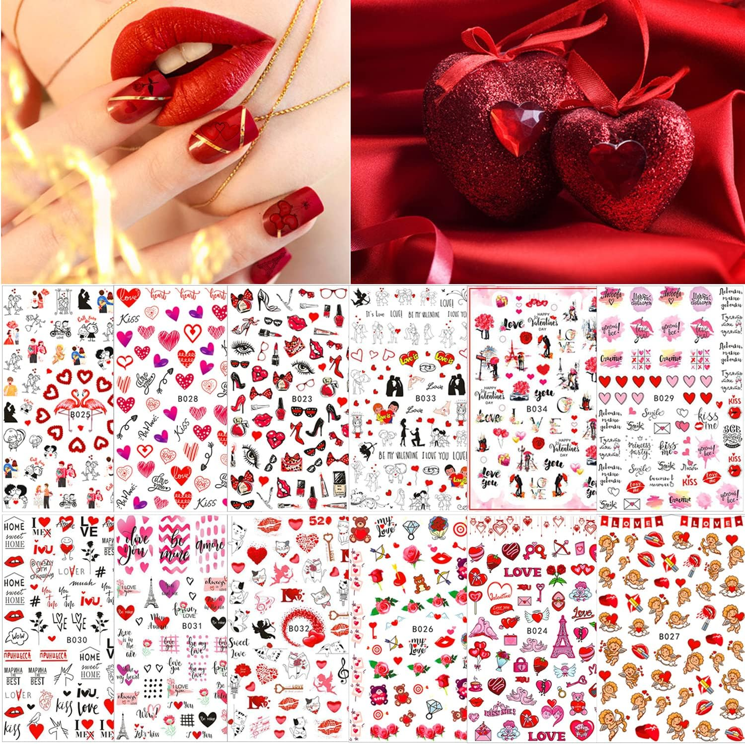 12 Sheets Valentine'S Day Nail Art Stickers Decal 3D Heart Nail Decals Self-Adhesive Red Sexy Lips Love Rose Kiss Angel Letter DIY Nail Design Sticker Nail Supplies Manicure Decoration for Women Girls image number 3