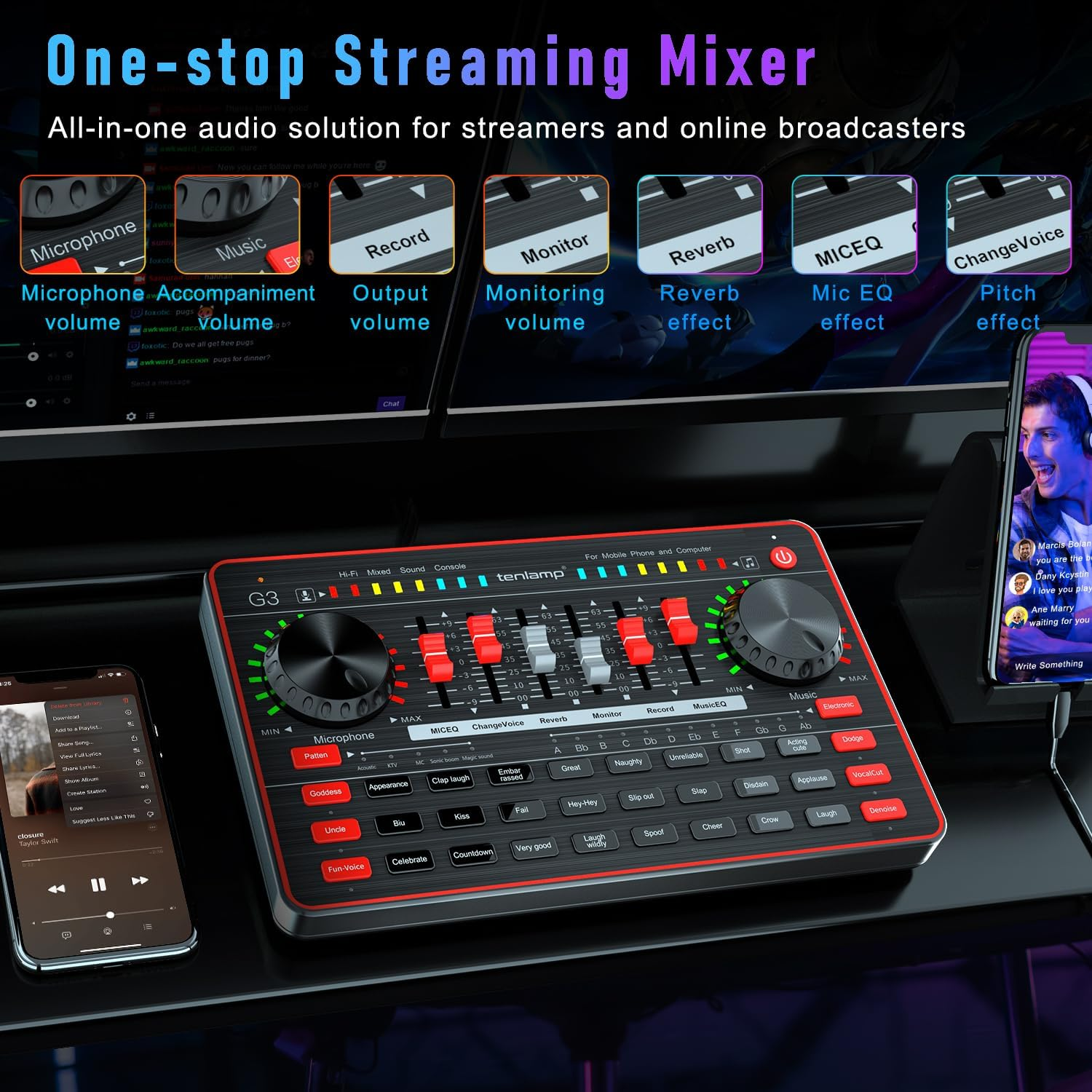 Tenlamp Audio Mixer Kit, G3 Live Sound Card & Studio Recording Microphone, Audio Interface Voice Changer, USB DIGITAL Podcast Equipment Bundle for Streaming/Singing/Gaming on Phone or PC image number 3