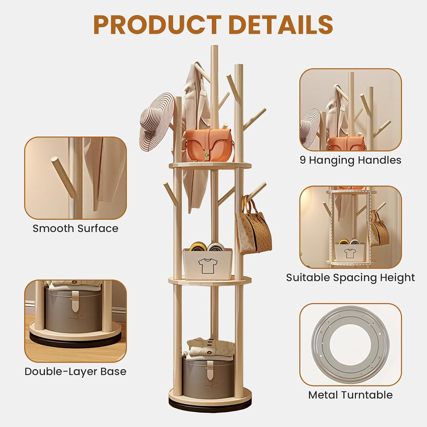 Uandhome Wood Rotary Coat Rack, Freestanding Coat Rack with 3 Shelves and 9 Hooks, Coat Tree for Bedroom, Entryway, Livingroom, Coat Hanger Stand for Coats, Scarves, Handbags (Wood) image number 5