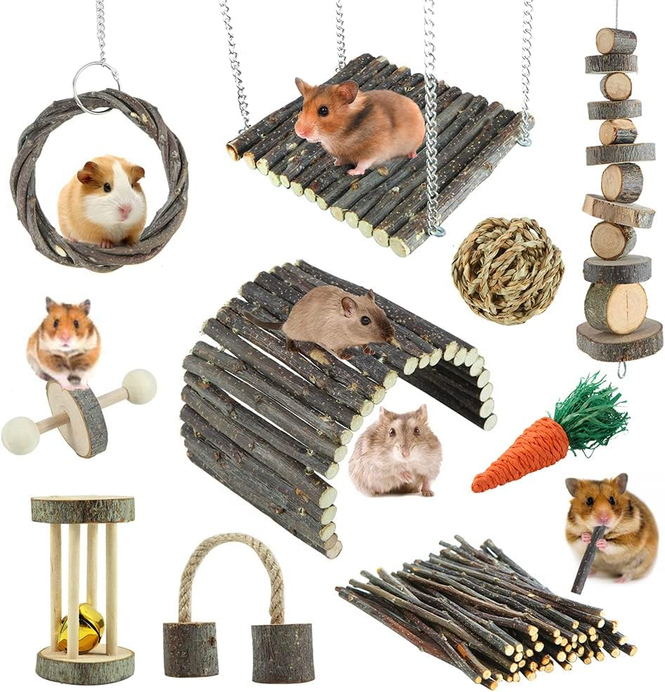 Hamster Toys Rat Toys Chinchilla Toys Hamster Chew Toys Cage Accessories Apple Wood Sticks Ladder Bell Roller for Gerbil Guinea Pigs and Other Small Animal image number 5