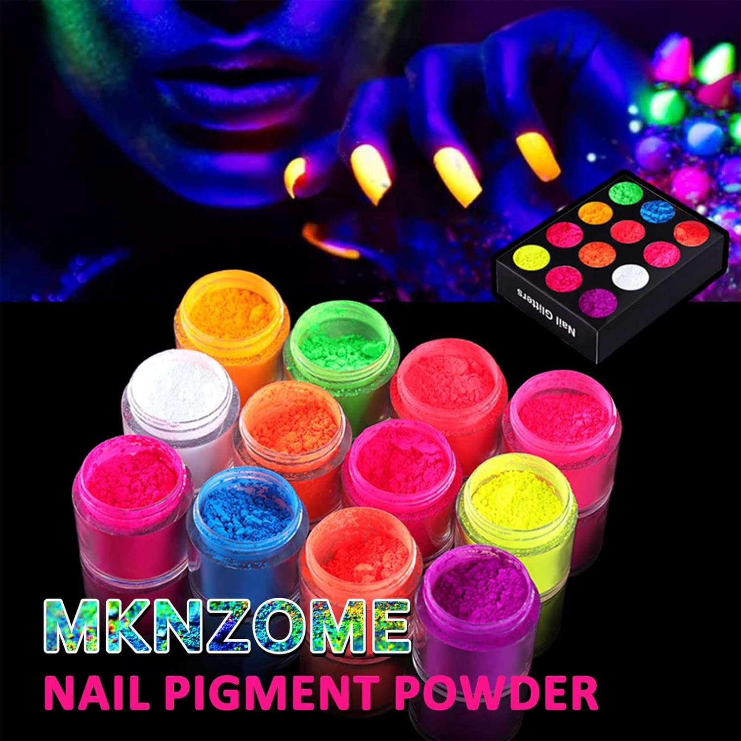 Enmart Fluorescent Nail Powder, Neon Phosphor Pigment Powder Set, Ultrafine Luminous Nail Pigment Dust for DIY Nail Decoration, Waterproof Glitter Eyeshadow, 12 Colors