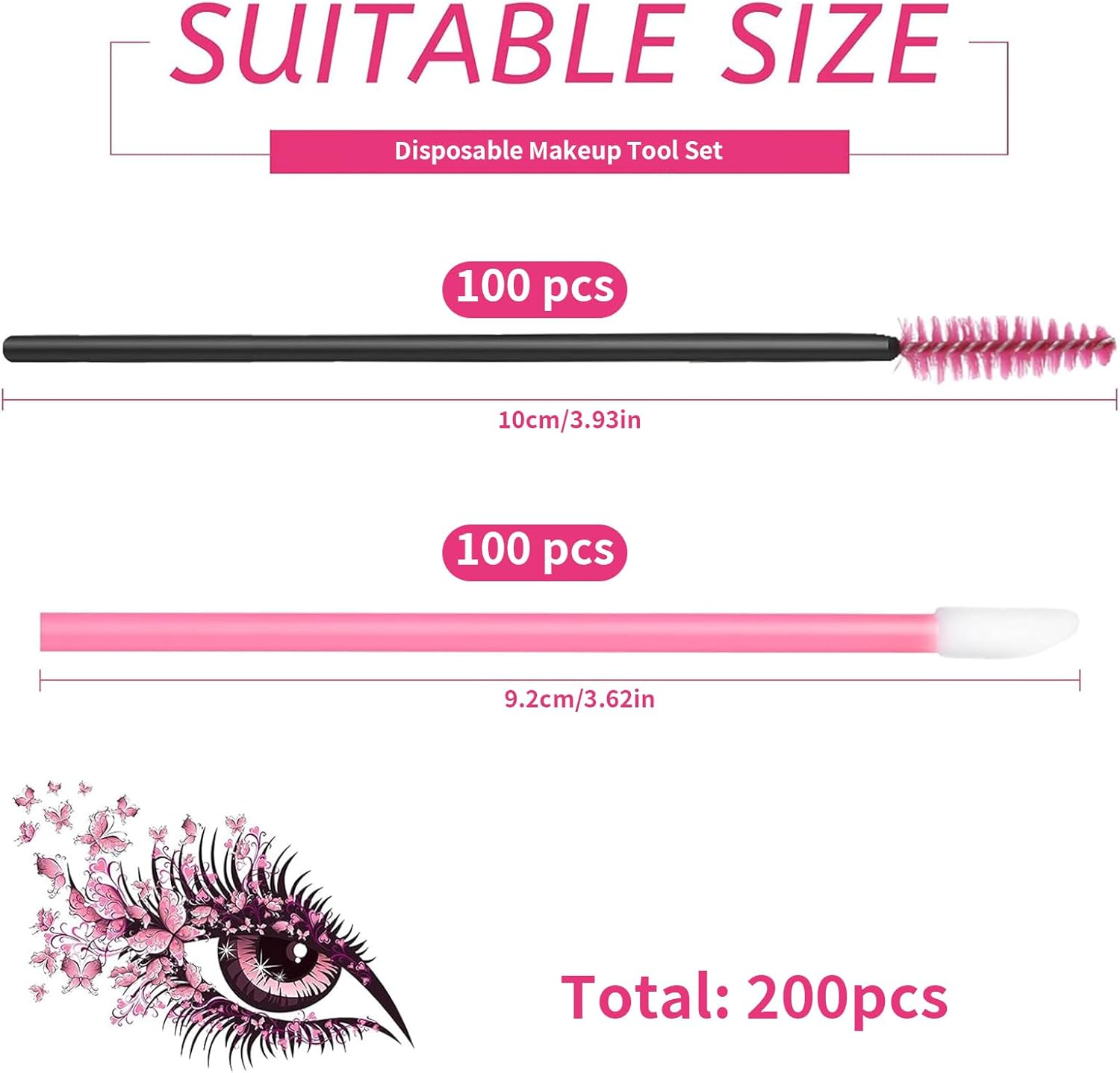 Tavvke 200 Pcs Disposable Makeup Applicators Set, 100 Mascara Brushes and 100 Lip Gloss Applicators for Lipstick and Mascara Testing, Pink