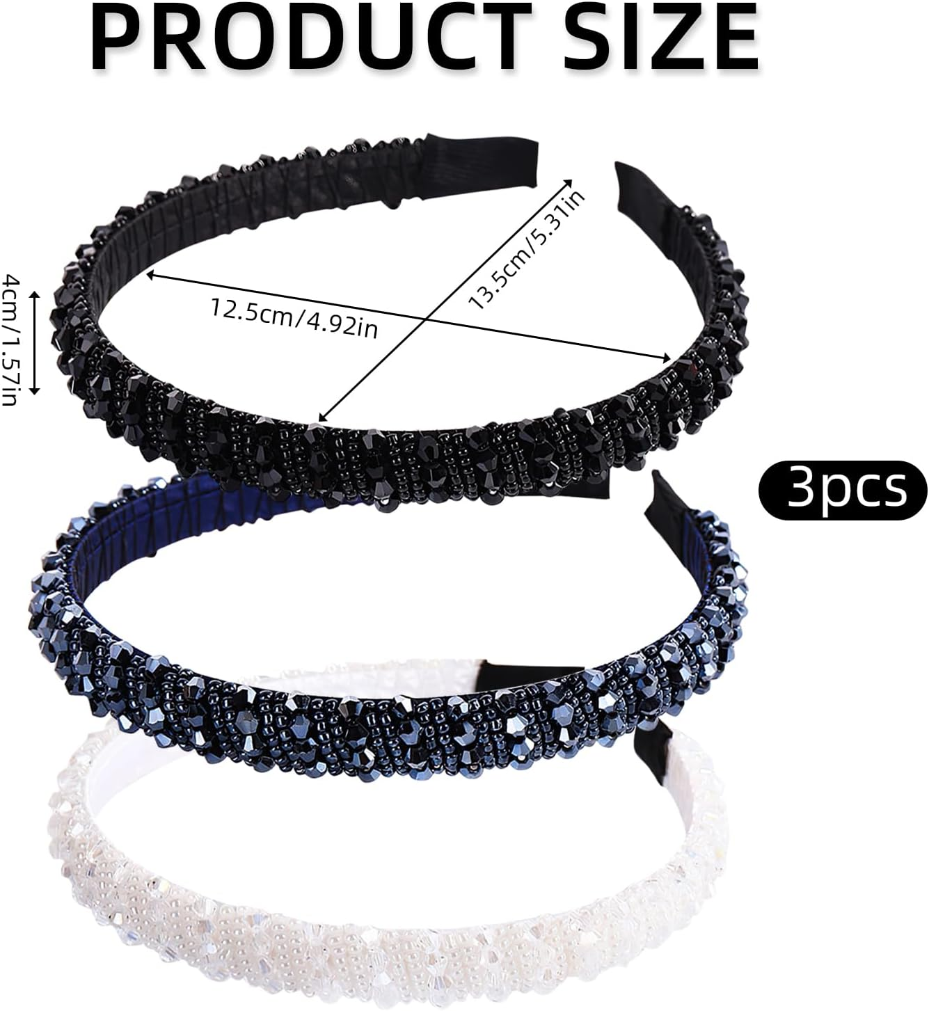 Pack of 3 Women'S Headband with Crystal Beads, Glitter Headband, Rhinestone Hair Band, Bling, Crystal Headbands, Wedding, Evening Party, Prom, Fashionable Padded Headband