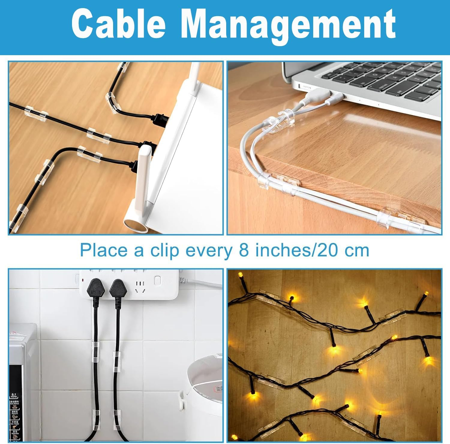BEANPRECOY 80 Pcs Cable Clips Strong Clear Self Adhesive Cable Clips Cable Tidy Clips Durable Strong Cable Clips Cord Management for Wall Strong Cord Organizer under Desk Car Light Indoor Outdoor image number 6