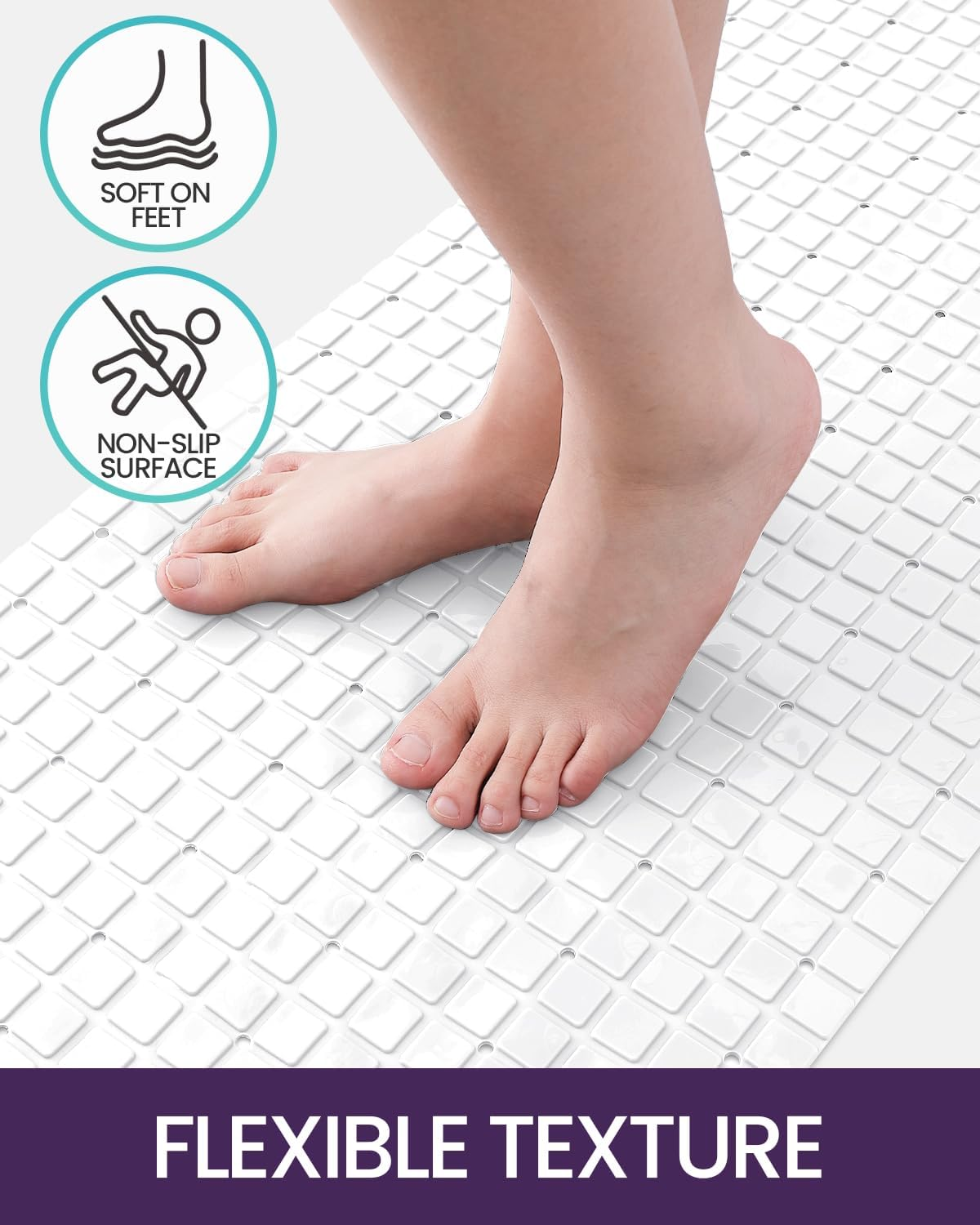 DEXI Bath Tub Shower Mat Non-Slip 16 X 39 Extra Long Bathtub Mats, Suction Cups, Drain Holes, Machine Washable Bathroom Mat, White image number 2