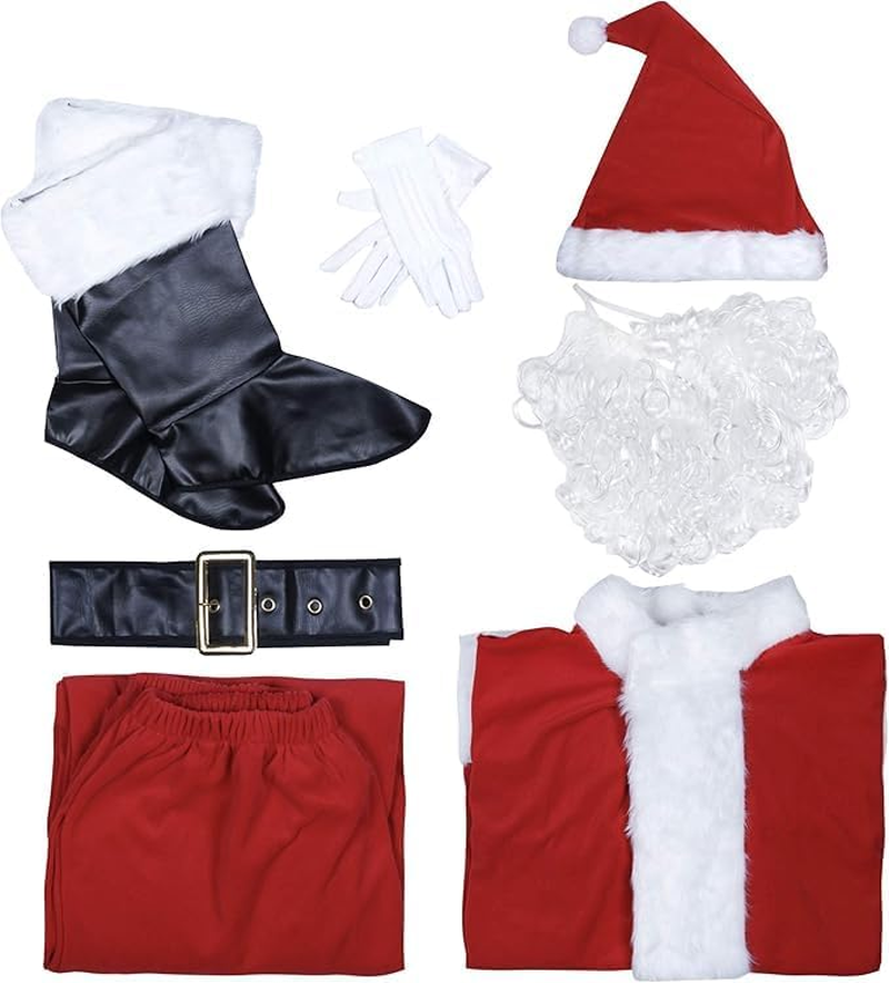 Ricjurzzty 7PCS Christmas Santa Claus Costumes for Men Santa Suit with Beards Hat Boots Christmas Santa Outfit Set for Men Adults for Christmas Party Holiday
