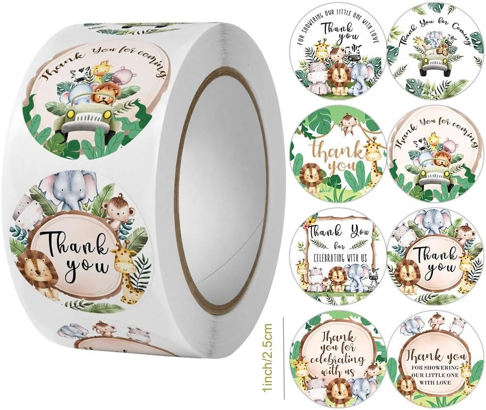Jungle Safari Thank You Stickers, Wild Animals Thank You Stickers for Baby Shower Birthday Party Gift Wrap Bag Label Decorations,500/Roll image number 2