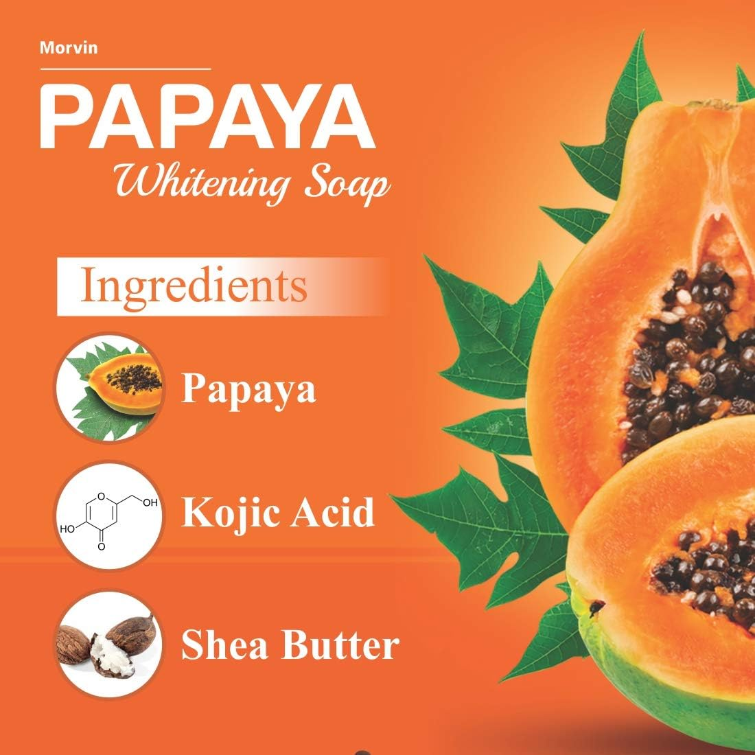 Morvin India Papaya Skin Whitening Soap 75Gm(Pack of 4) for Skin Whitening, Enriched with Papaya Extract, Kojic Acid and Shea Butter image number 1