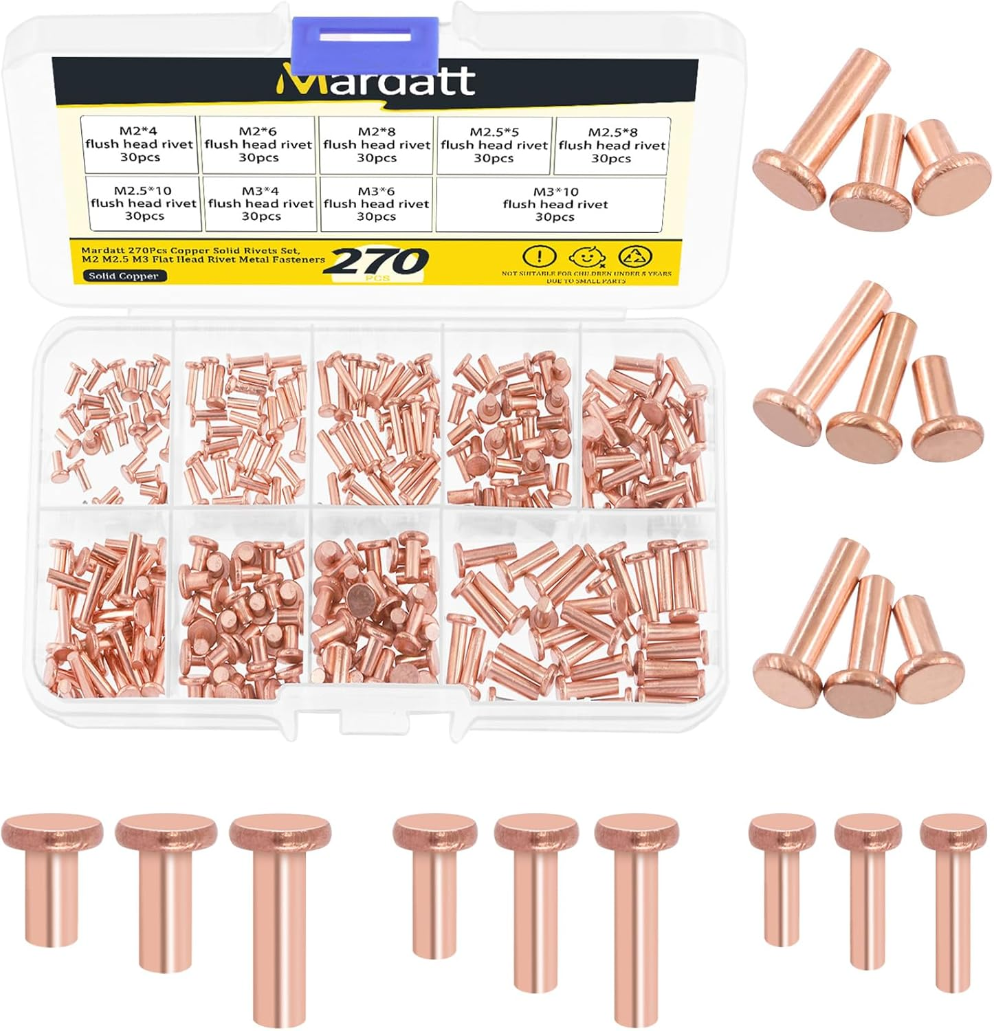 Mardatt 270Pcs Flat Head Copper Solid Rivets Kit, M2 M2.5 M3 Solid Copper Rivets Fasteners, Flat Head Rivets Solid Copper Rivets for Electrical Applications, Leather Working Supplies image number 4