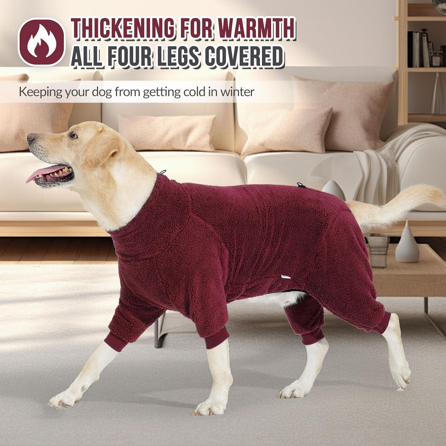 Slowton Dog Winter Coat Fuzzy Pullover Pajamas, Warm Dog Clothes Soft Pet Jumpsuit Indoor Pjs, Windproof Cold Weather Jacket 4 Legged Clothes with Leash Hole for Small Medium Large Dogs