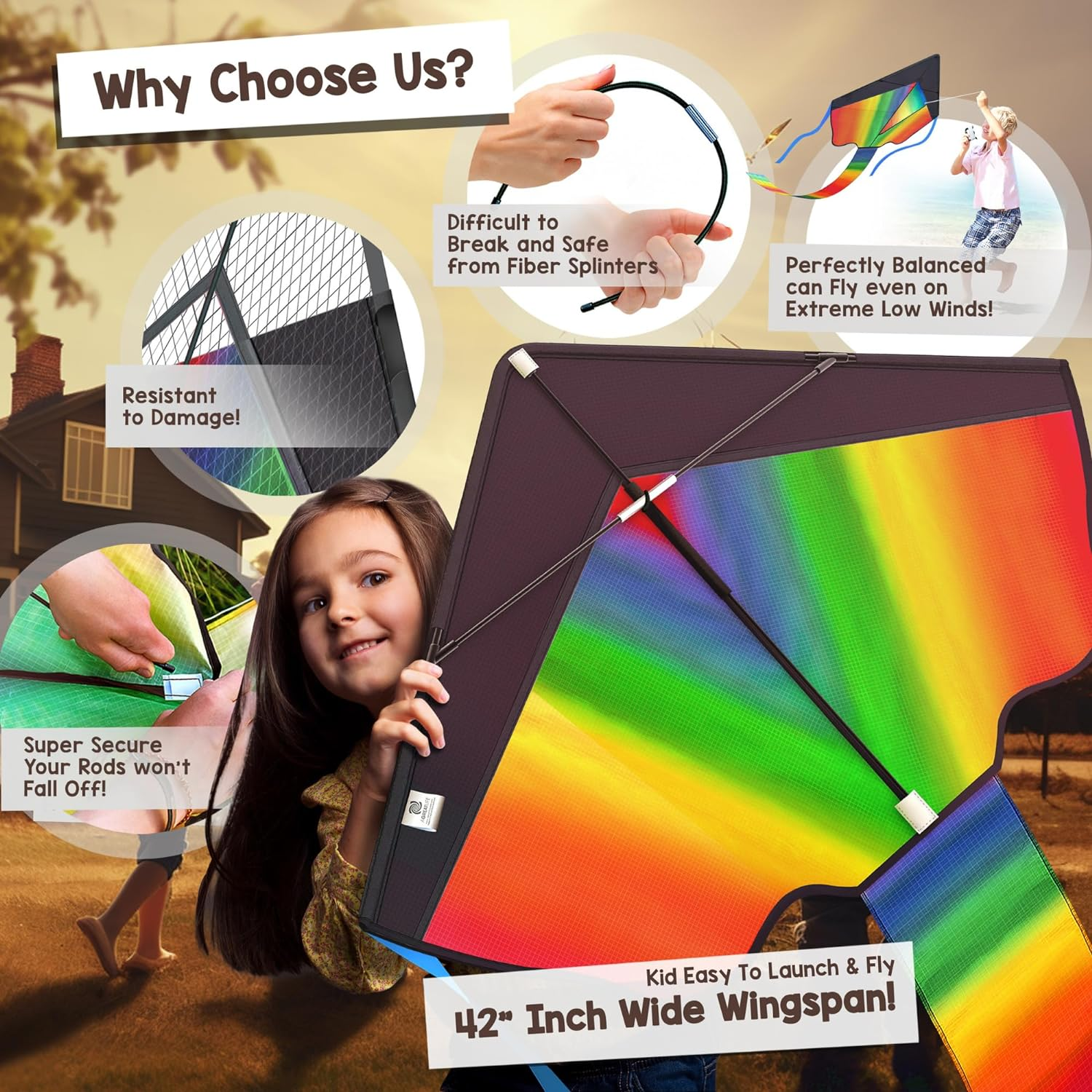 42-Inch Rainbow Kites for Kids, Kites for Adults Classic Beginner Kite, Outdoor Games for Adults and Family, Educational Toys for Kids, Kites and Flight Toys Party Favour Kids image number 2