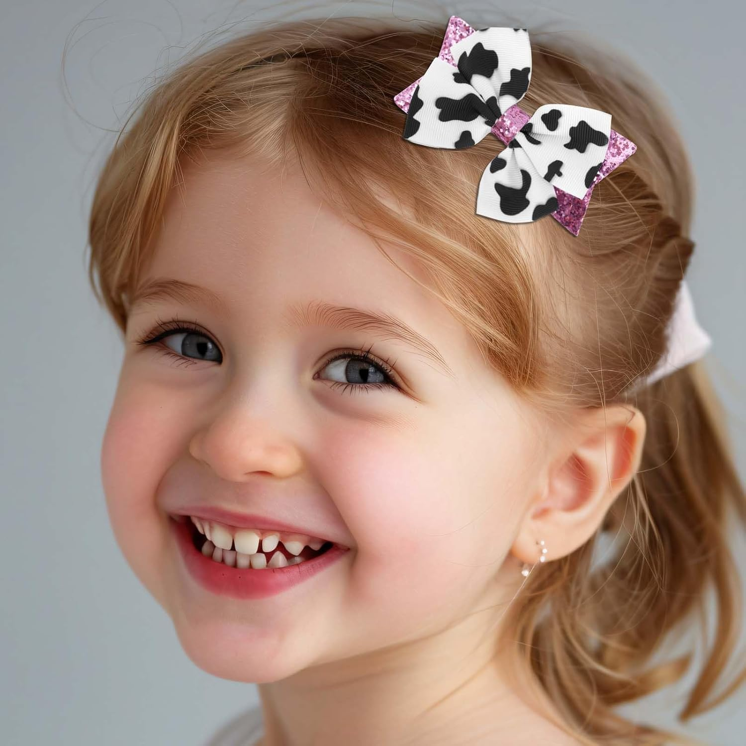 2Pcs Moo Cow Print Hair Bows, Cute Hair Bow Clips Pink Sequins Cow Print Clips Farm Animal Themed Accessories for Girls Women image number 2