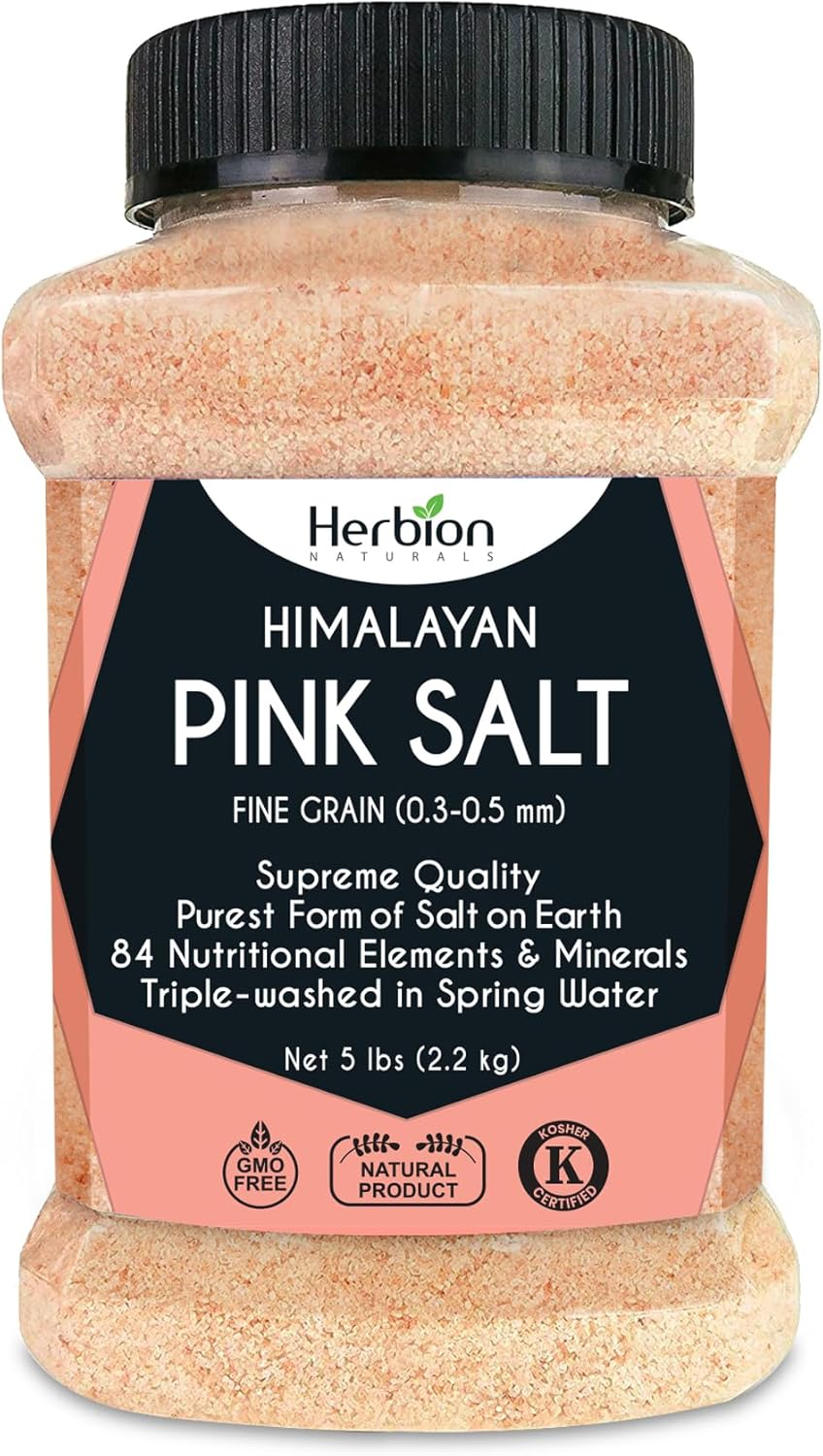 Herbion Naturals Himalayan Pink Salt Jar - Fine Grain, 5 Lbs | Supreme Quality | Triple-Washed| GMO Free, Vegan, Kosher Certified | Chemical Free