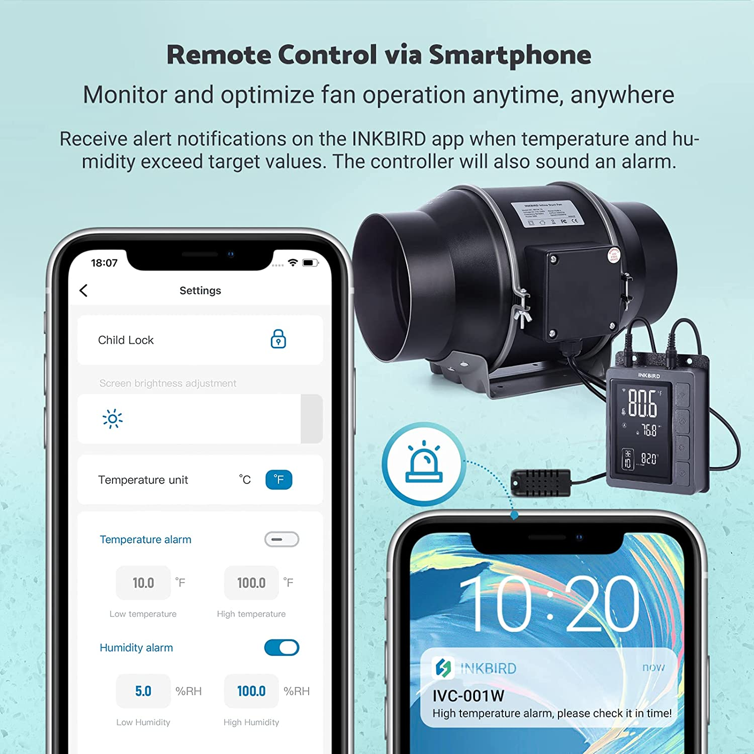 INKBIRD Inline Duct Fan with Smart Controller IVC-001W 6 Inches, Variable Fan Speed, Temperature and Humidity Control, HVAC Vent Blower for Grow Tents, Vertical Farms, Kitchens, Basements image number 5