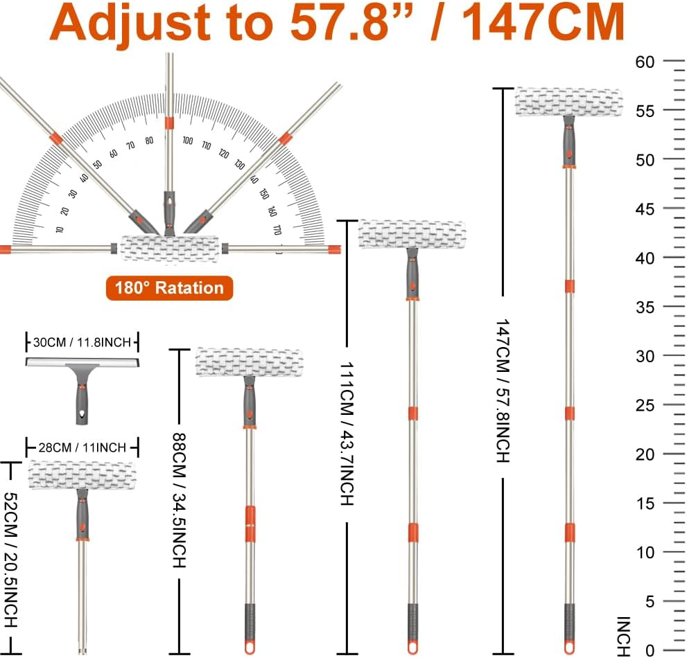 XUCAI Window Squeegee with Long Handle(59In),Glass Cleaning Tools with Silicon Squeegee & Mircofiber Scrubber for Car,Shower,Indoor & Outdoor Glass Mirror Door Solar Panel image number 6