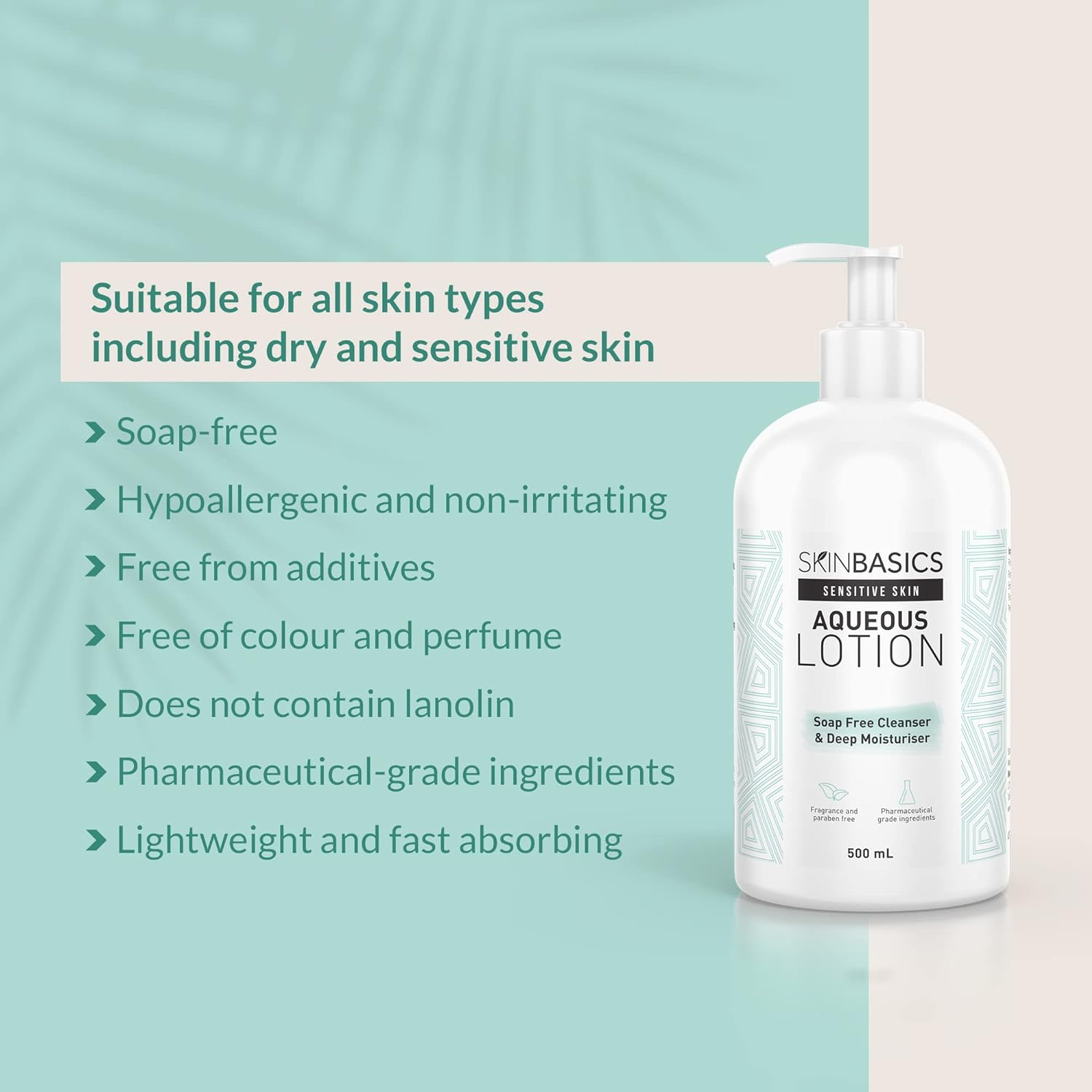 SKIN BASICS Aqueous Lotion Pump (500Ml) - Gentle Soap Free Cleanser Wash - Clinically Tested, Non-Irritating, Hypoallergenic Deep Moisturiser for Dry & Sensitive Skin image number 4