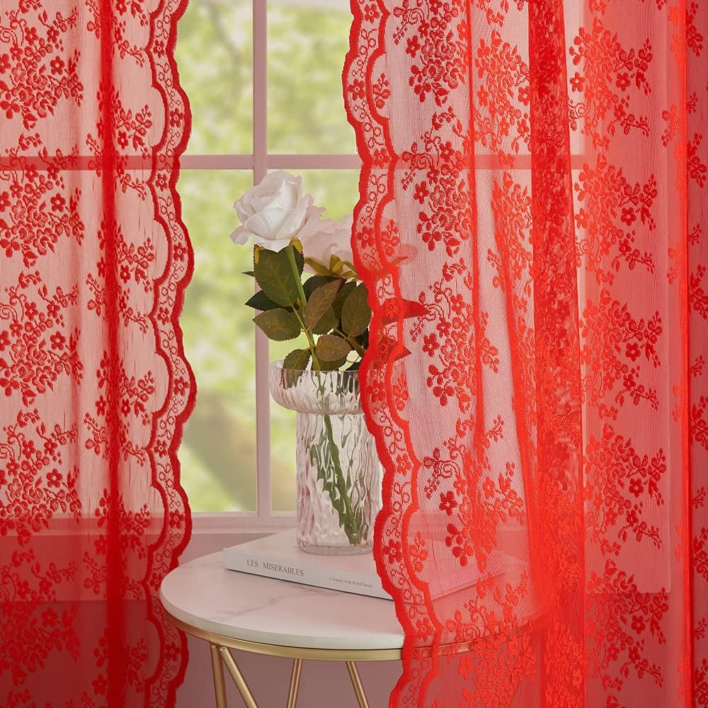 YJ Yanjun Red Sheer Curtains 96 Inches Long for Living Room 2 Panels Set, Beautiful Flower Christmas Lace Curtains Xmas Valentine'S Decor Window, 52 X 96 Inches,Red image number 4
