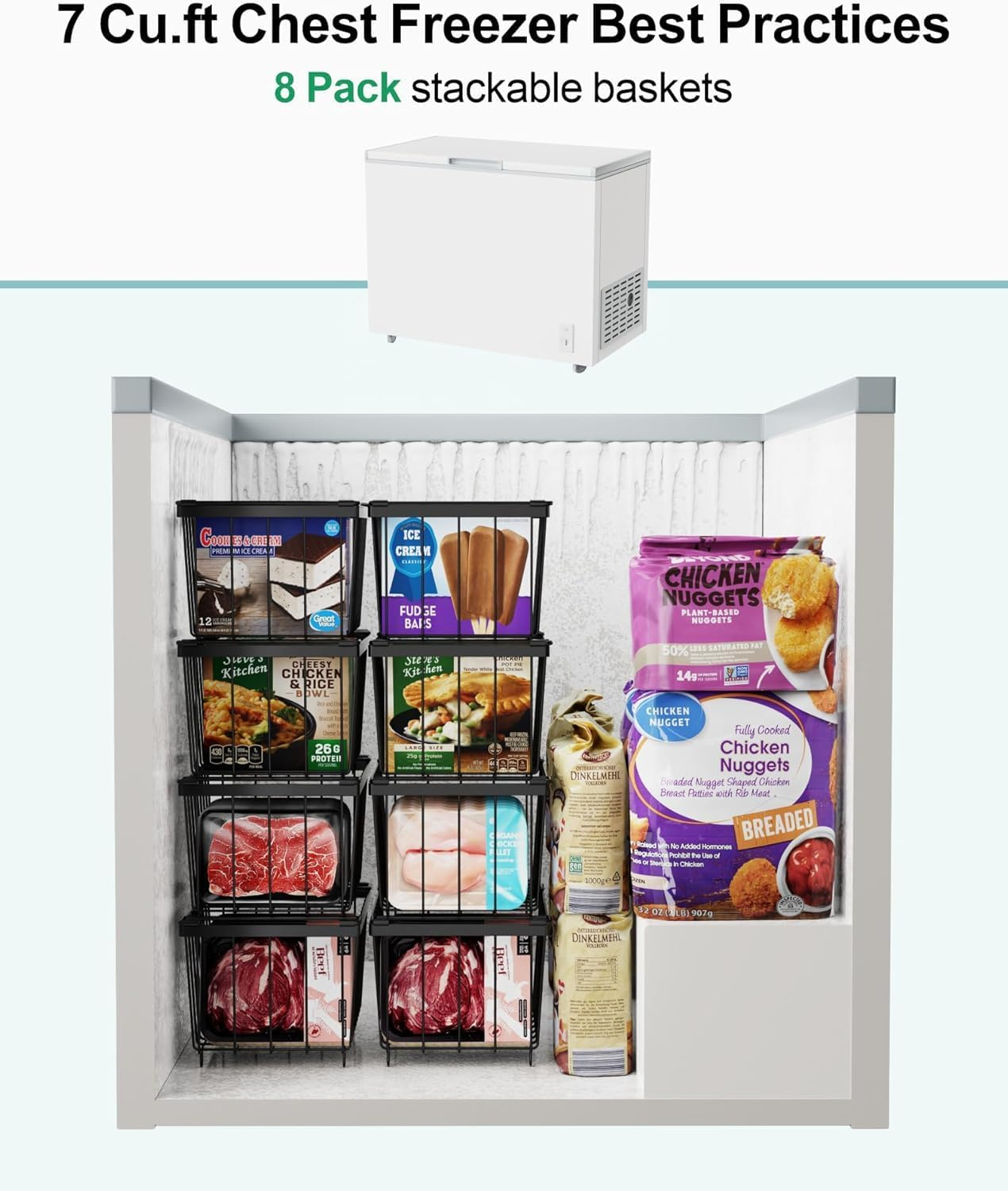 4 Pack Stackable Chest Freezer Organiser, Freezer Storage Baskets, Pantry Organiser, Deep Freezer Bins with Handles for Chest & Upright Freezers, for Frozen Meat, Vegetables & More image number 5