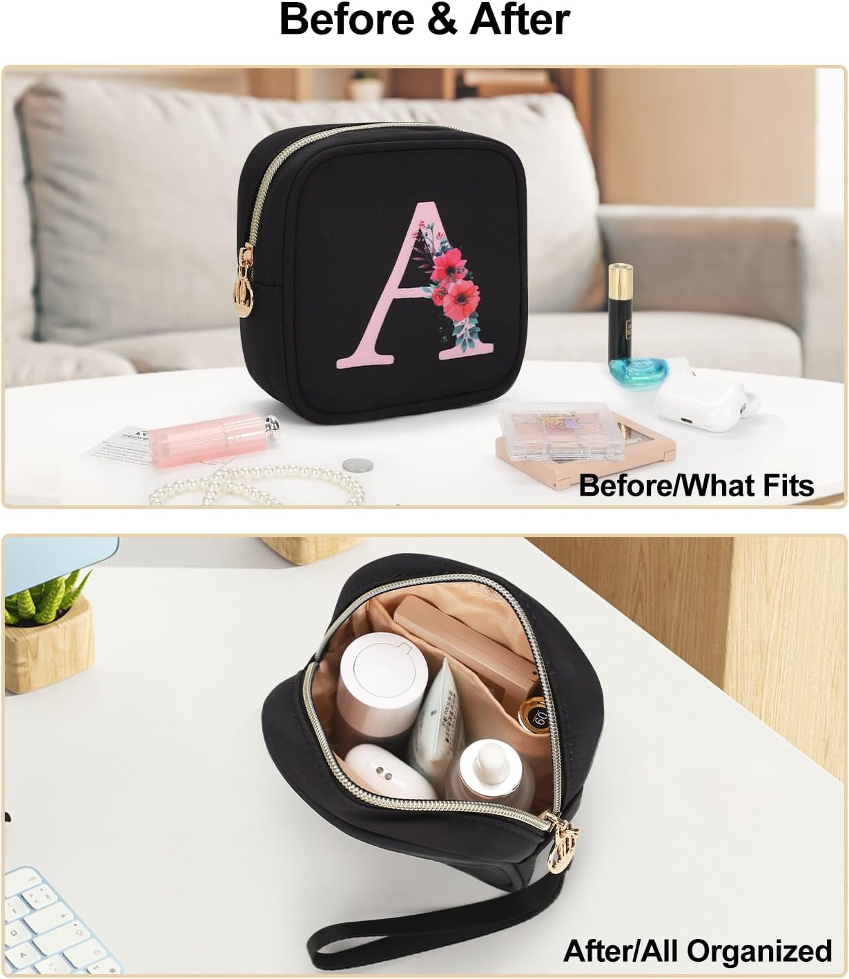 Relavel Initial Small Makeup Bag for Purse, Personalized Gifts for Women Girls Travel Cosmetic Pouch with Card Slot, Mini Lipstick Pouch with Removable Handle, Portable Skincare Bag for Daily, Black O - Black A image number 4