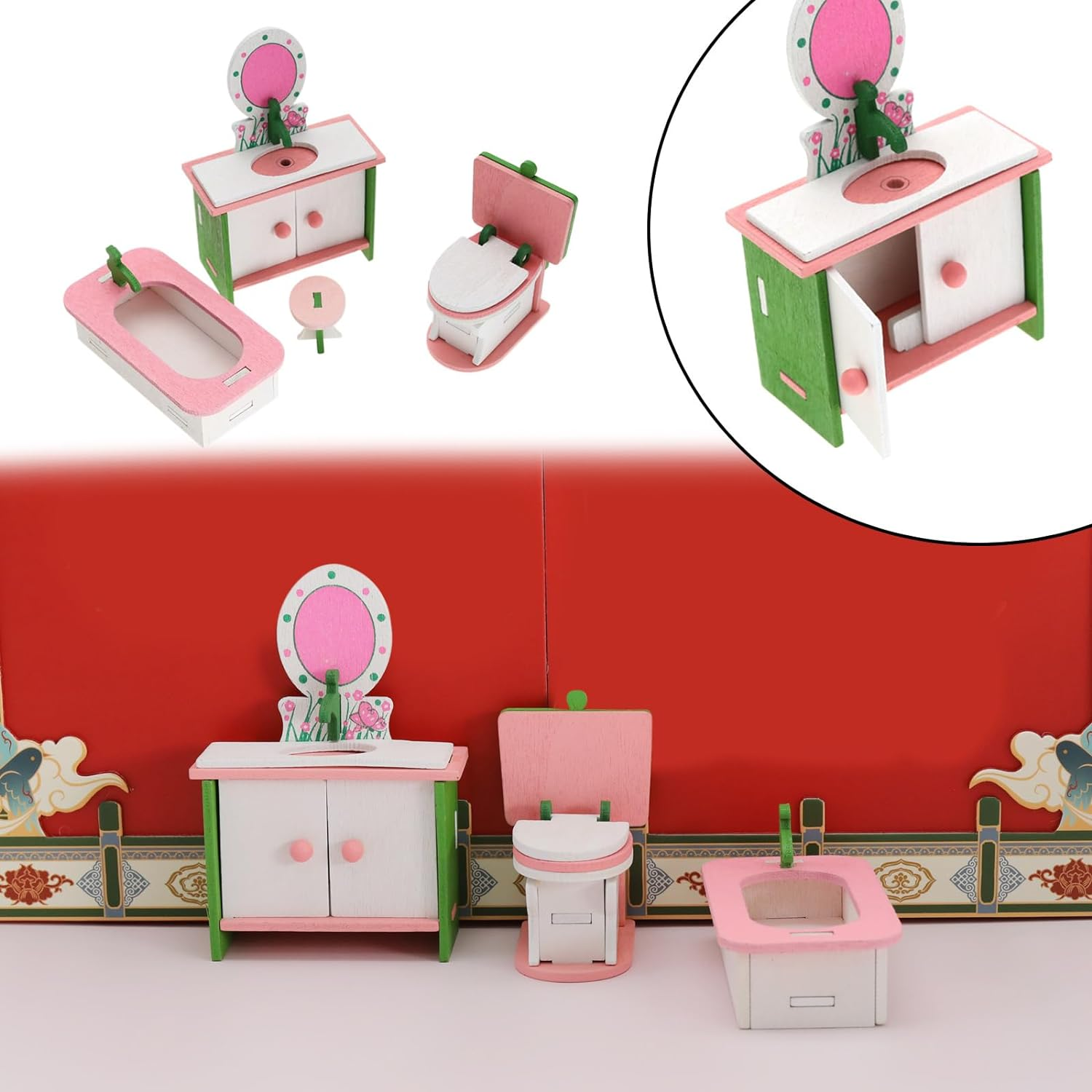 Emsea 4Pcs Wooden Dolls Furniture Miniature Dollhouse Wooden Furniture Dolls House Decoration Dollhouse Play for Girls Dollhouse image number 4