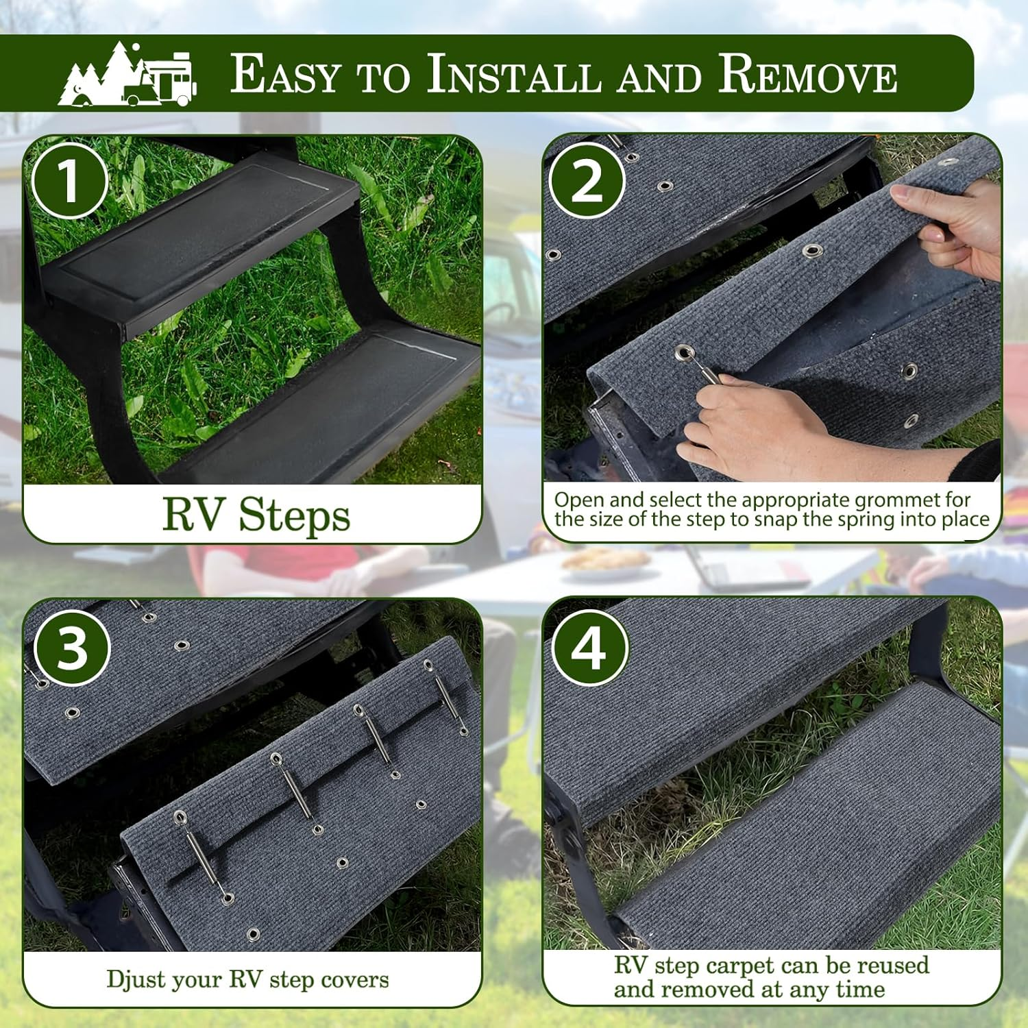 HOMEE RV Step Covers 4 Packs, Camper Step Covers,Rv Step Rugs, 23 Inch Wide RV Stair Covers with Install Hook Fit 8" to 11" RV Stair Treads,Non-Slip Outdoor RV Step Carpet,Grey image number 5
