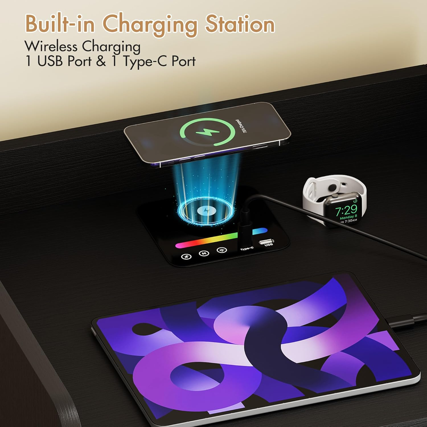 Advwin Bedside Table 2 Drawers, LED Nightstand with Human Induction, Wireless Charging Station and USB & Type-C Port, Chest of Drawers with Storage Shelf, Black (1, Black) image number 5