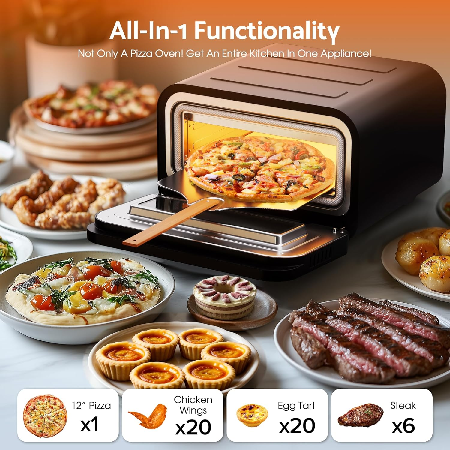 Advwin Electric Pizza Maker, 1700W Countertop Pizza Oven with 6 Presets, Indoor Versatile Smart Pizza Cooker for 12" Pizza | 80-450℃ | Pizza Stone and Peel