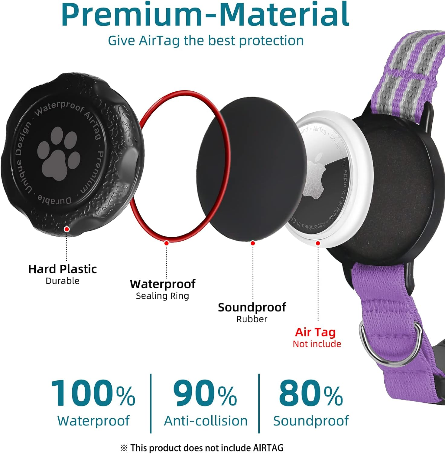 Airtag Cat Collar, Integrated Kitten Collar with 100% Waterproof Airtag Holder, Soundproof, Reflective GPS Cat Collar with Apple Air Tag Case for Kittens, Puppies (Purple, XS) image number 1