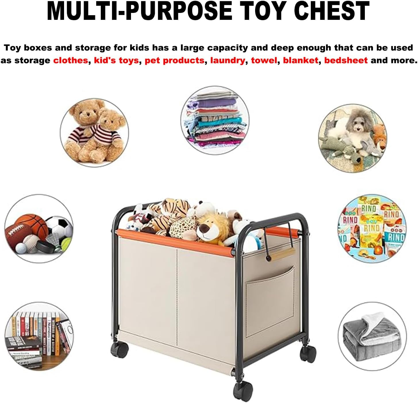 Kids Toy Box with Wheels & Dividers &ndash; Large Removable Storage Organizer Bin for Toys, Clothes, Blankets, Nursery & Playroom (For Boys & Girls)