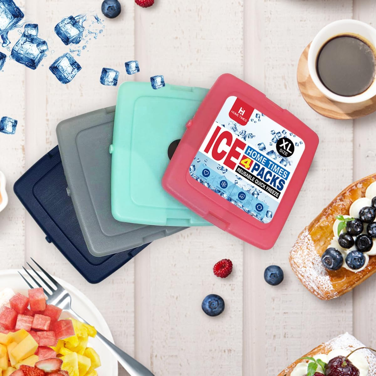 Home Times 4 Pack Slim Thin Reusable Ice Packs for Lunch Boxes, Coolers & Camping - Quick Freeze, Long Lasting Space Saving Freezer Packs, Multifunction Cooler Ice Brick