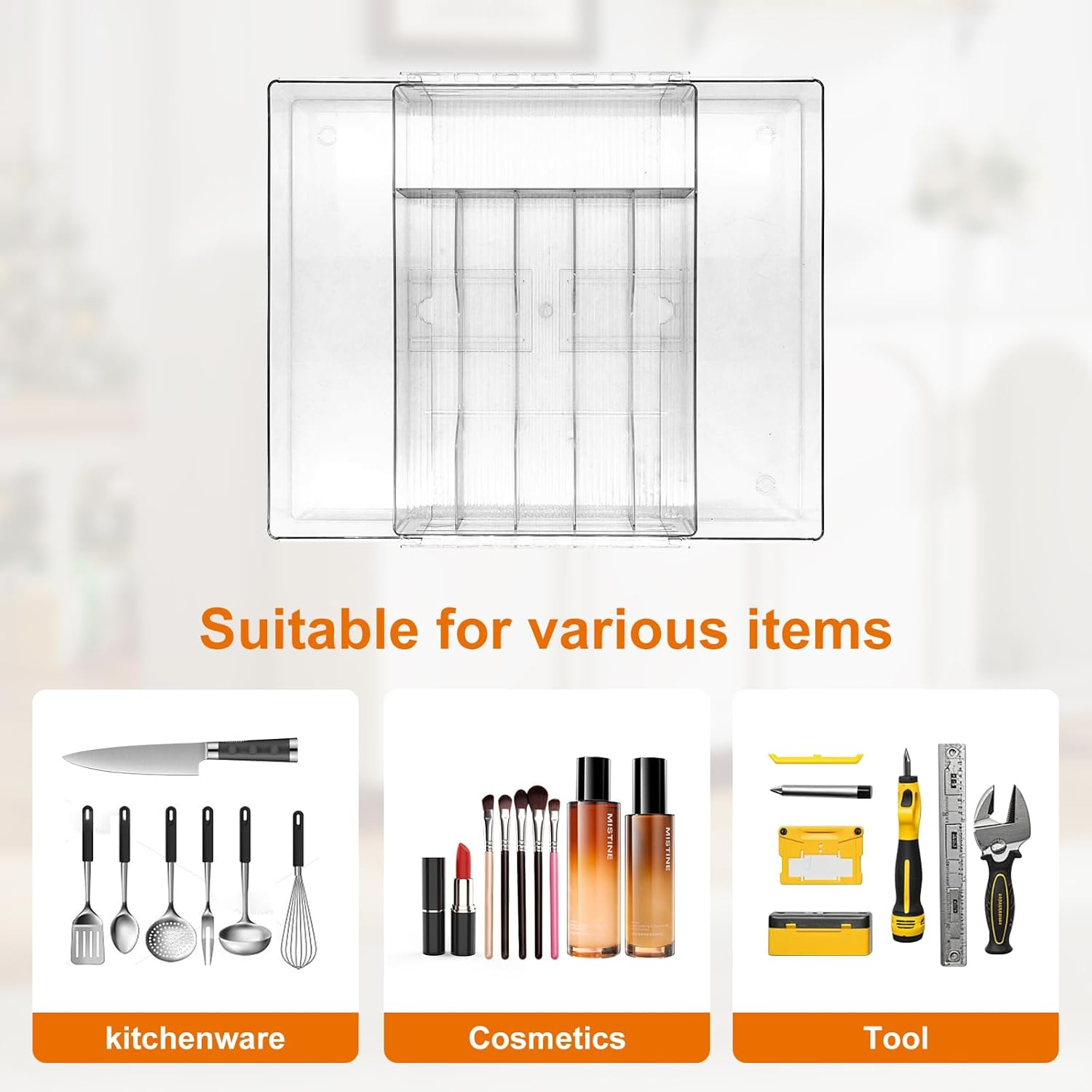 Cutlery Drawer Organiser,8 Divider Expandable Kitchen Drawer Organiser,Plastic Kitchen Organiser Storage for Spoon Fork Knife (Middle) image number 4