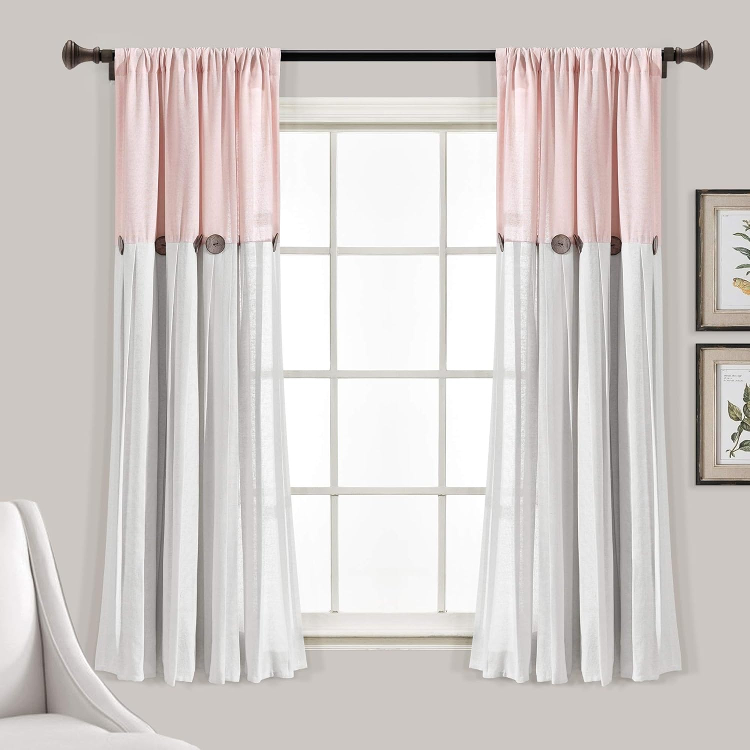 Lush Decor Linen Button Window Curtain Panel, Single, 40" W X 95" L, Blue & White - Country Curtains - Rustic Decor - Color Block Modern Farmhouse Curtains for Living Room, Bedroom & Dining Room