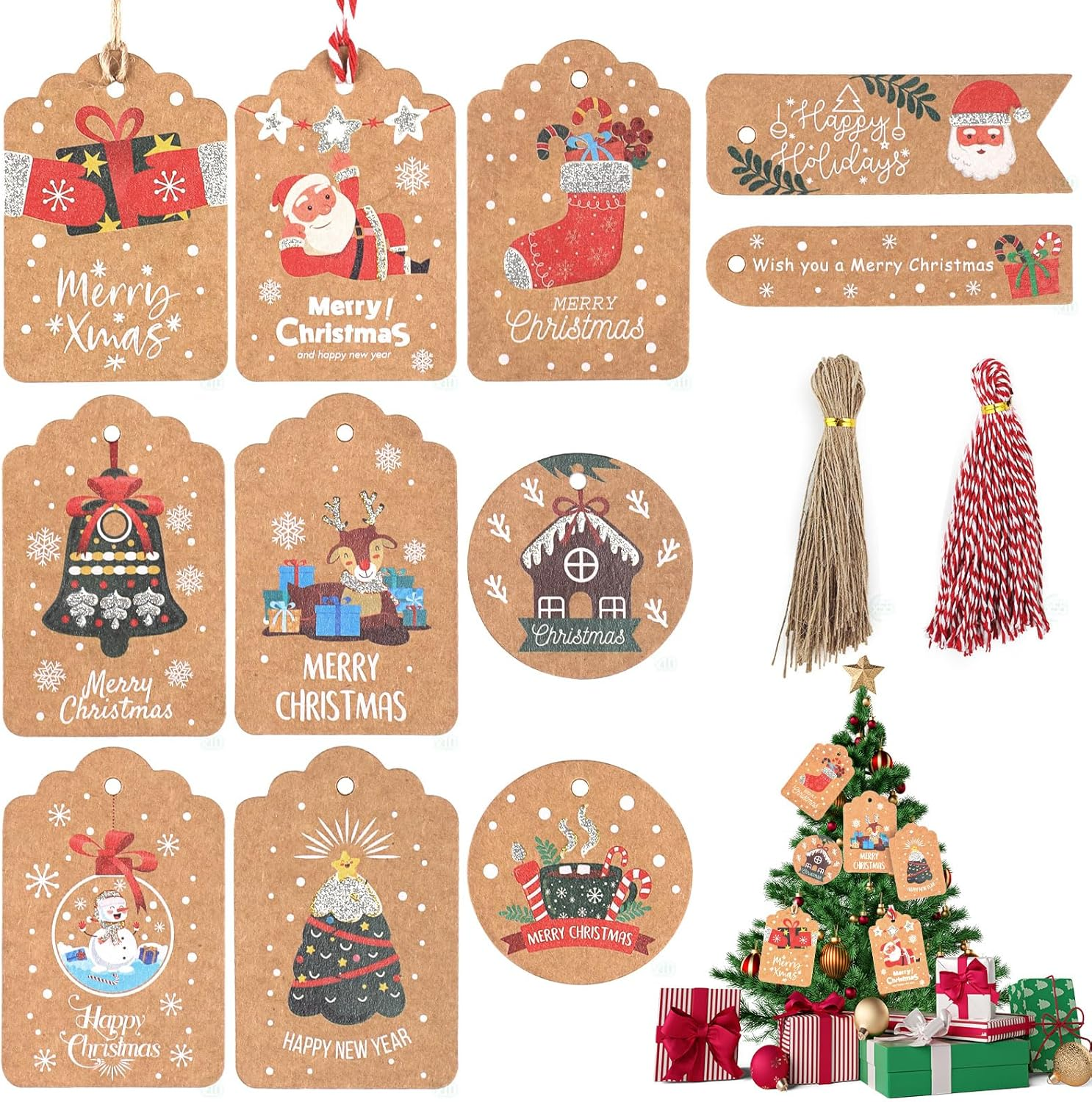 Hianjoo 110 Pcs Christmas Kraft Paper Gift Tags with Jute Twine, Xmas Gift Tags Parcel Tags Tree Present Hang Labels for DIY Homemade Holiday Present Wrap Stamp Label Package Name Tag, Golden