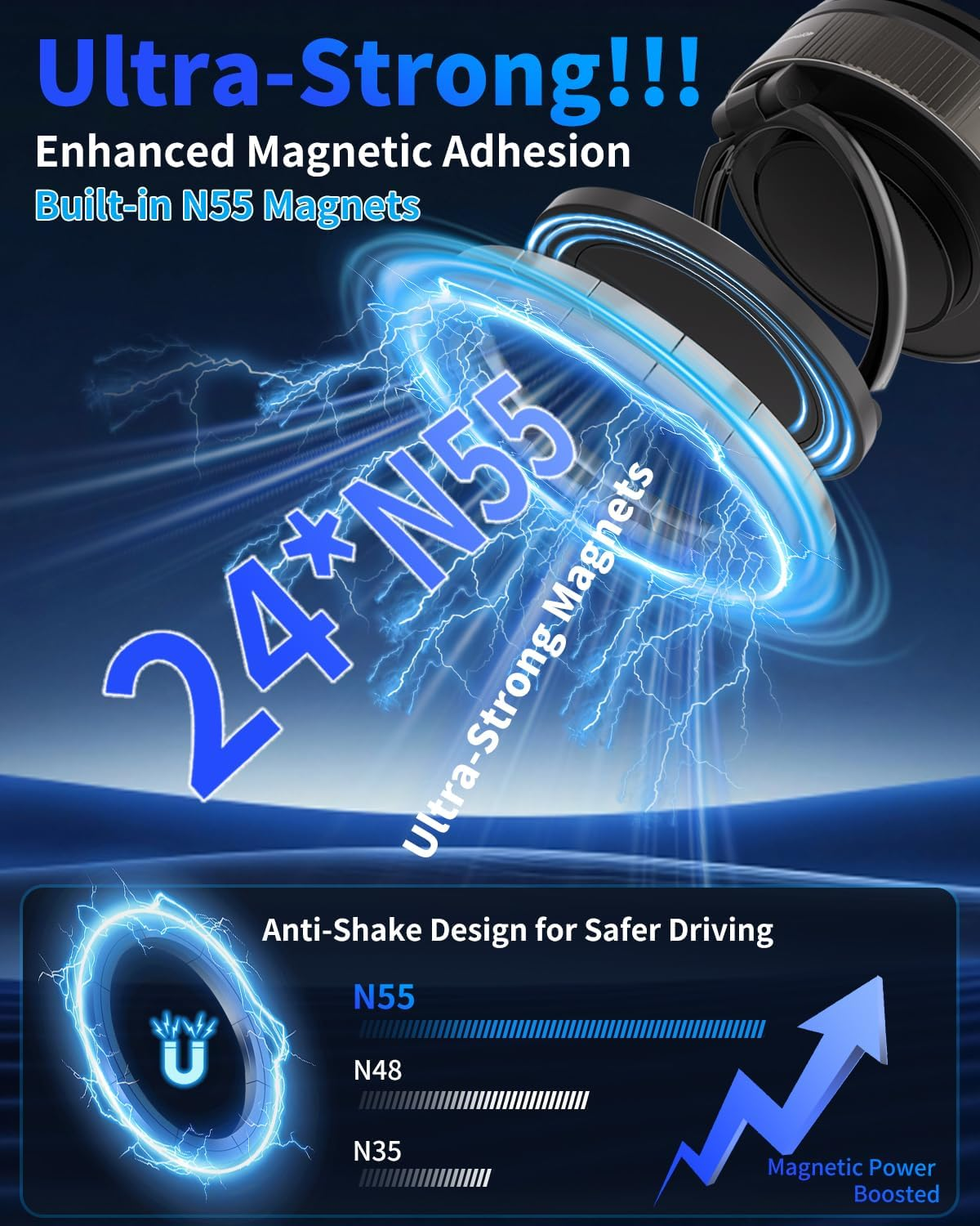 Guanjunteam 2025 Car Phone Holder, 24 N55 Magnets & Vacuum Suction, 360&deg; Adjustable One-Handed Operation, Fits Iphone 16/15/14/13/12, Google Pixel, All Car Accessories (Black) (N55) image number 4