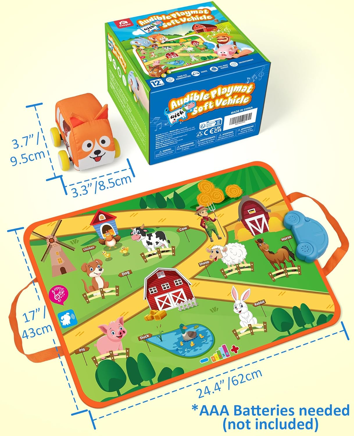 Coogam Farm Animals Toys for Year Old Toddlers, Soft Pull-Back Vehicle Set with Audible Play Mat Rug, Baby Fine Motor Skills Playmat Game Montessori Learning Gift image number 1