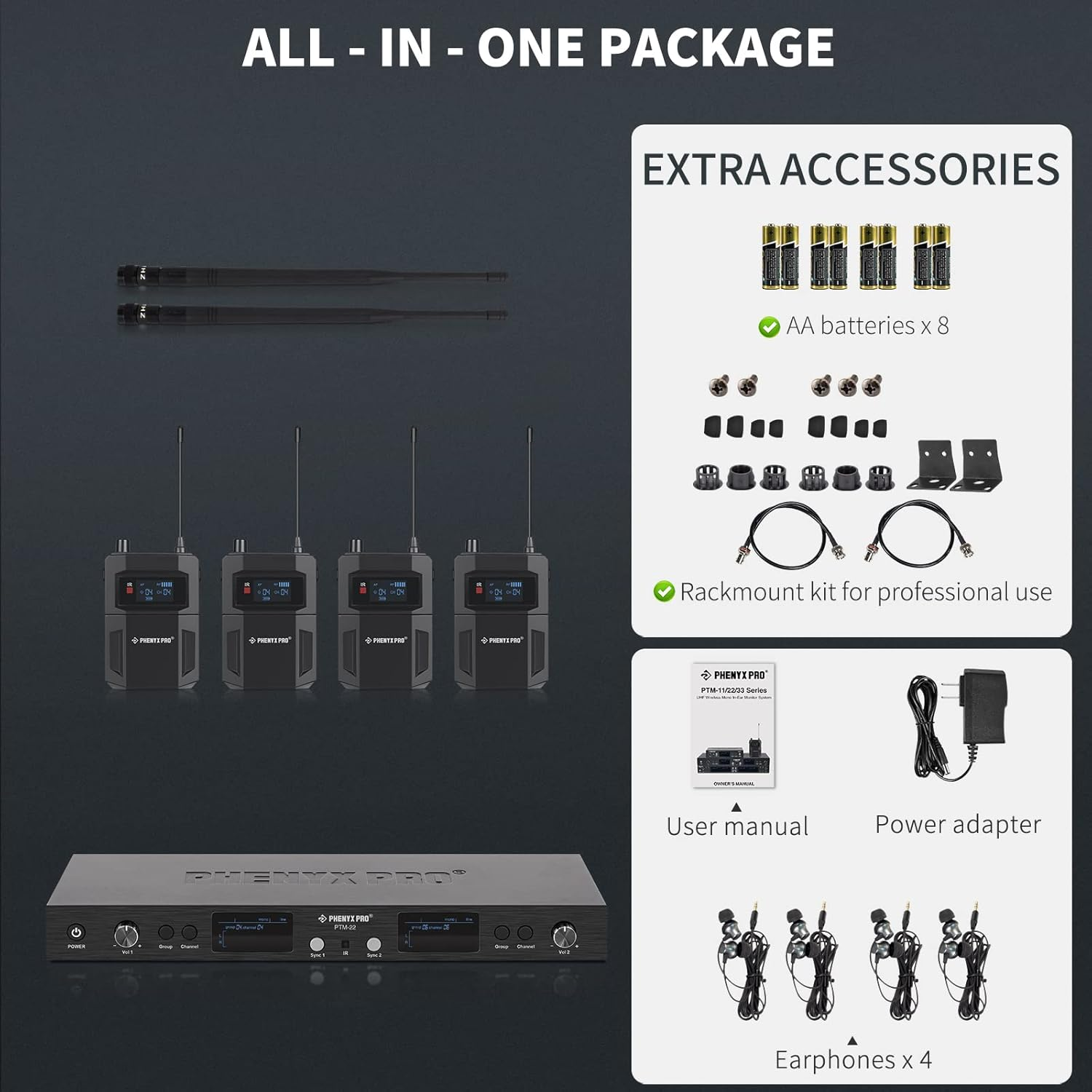 Phenyx Pro in Ear Monitor for Musicians, UHF Wireless In-Ear Monitors System, Mono 2-Channel IEM, Metal Stage Monitor W/ 2X50 Frequencies, 164Ft Long Coverage, Rack Mount Kit (PTM-22, 4 Bodypacks) image number 2
