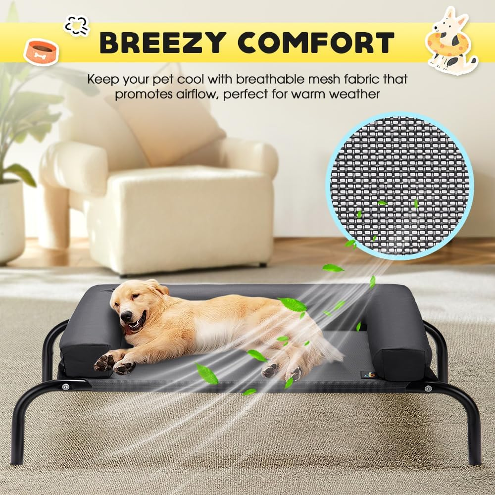 Petzly Cooling Elevated Dog Bed with Pillows, Raised Pet Bed for Large Extra Large Medium Dogs, Portable Washable Dog Cot with No-Slip Rubber Feet, Indoor & Outdoor Use, Black, Xlarge(123X90X20Cm) image number 6