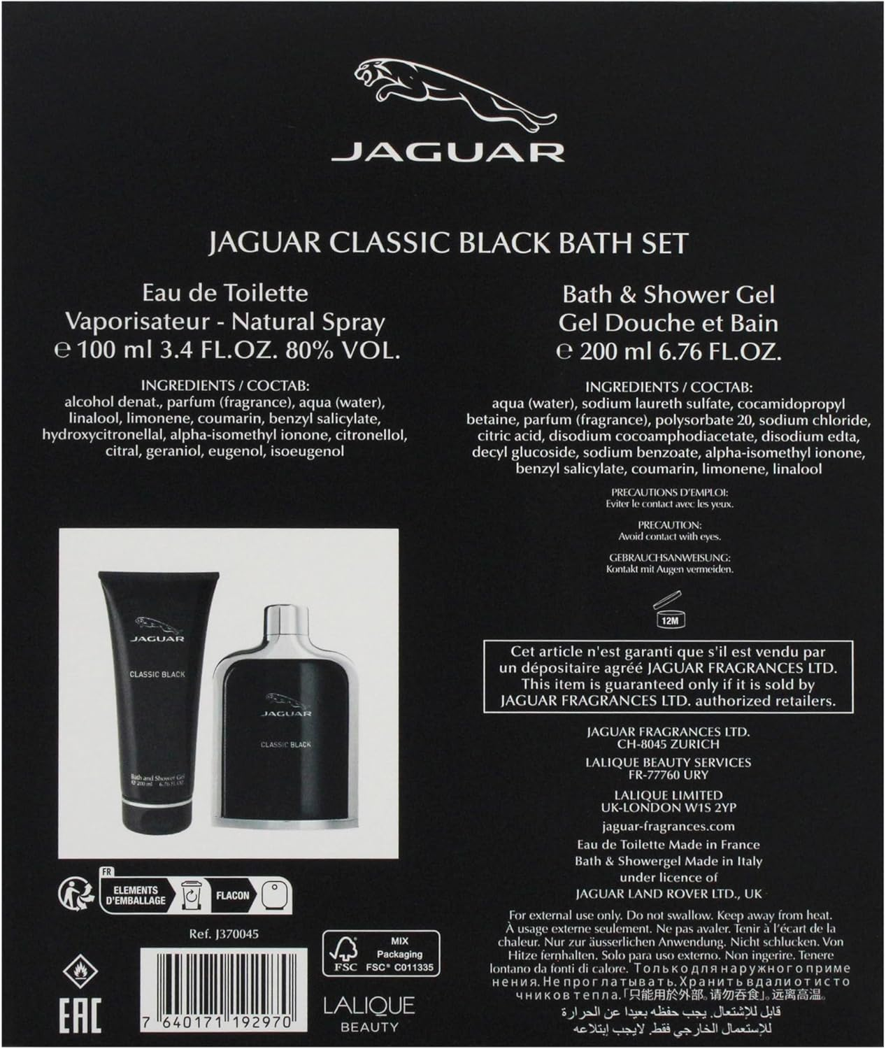 Jaguar Classic Black by Jaguar for Men - 2 Pc Gift Set 3.4Oz EDT Spray, 6.76Oz Bath and Shower Gel image number 1