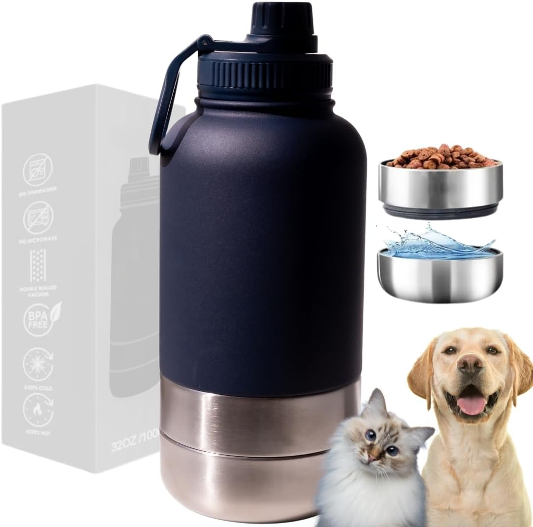 2-In-1 Dog Water Bottle & Food Dispenser, Insulated Stainless Steel Travel Bottle with Built-In Bowl, Portable Pet Hydration for Hiking & Outdoors (Dark Blue)