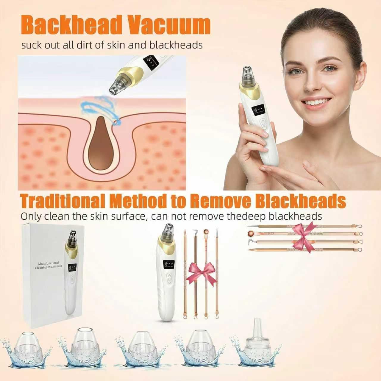 2025 Pore Vacuum, USB Rechargeable Blackhead Remover Vacuum,3 Levels Adjustable Pore Vacuum Blackhead Remover, with 5 Suction Power,6 Probes,Face Vacuum Pore Cleanser for Women & Men-Gold image number 2