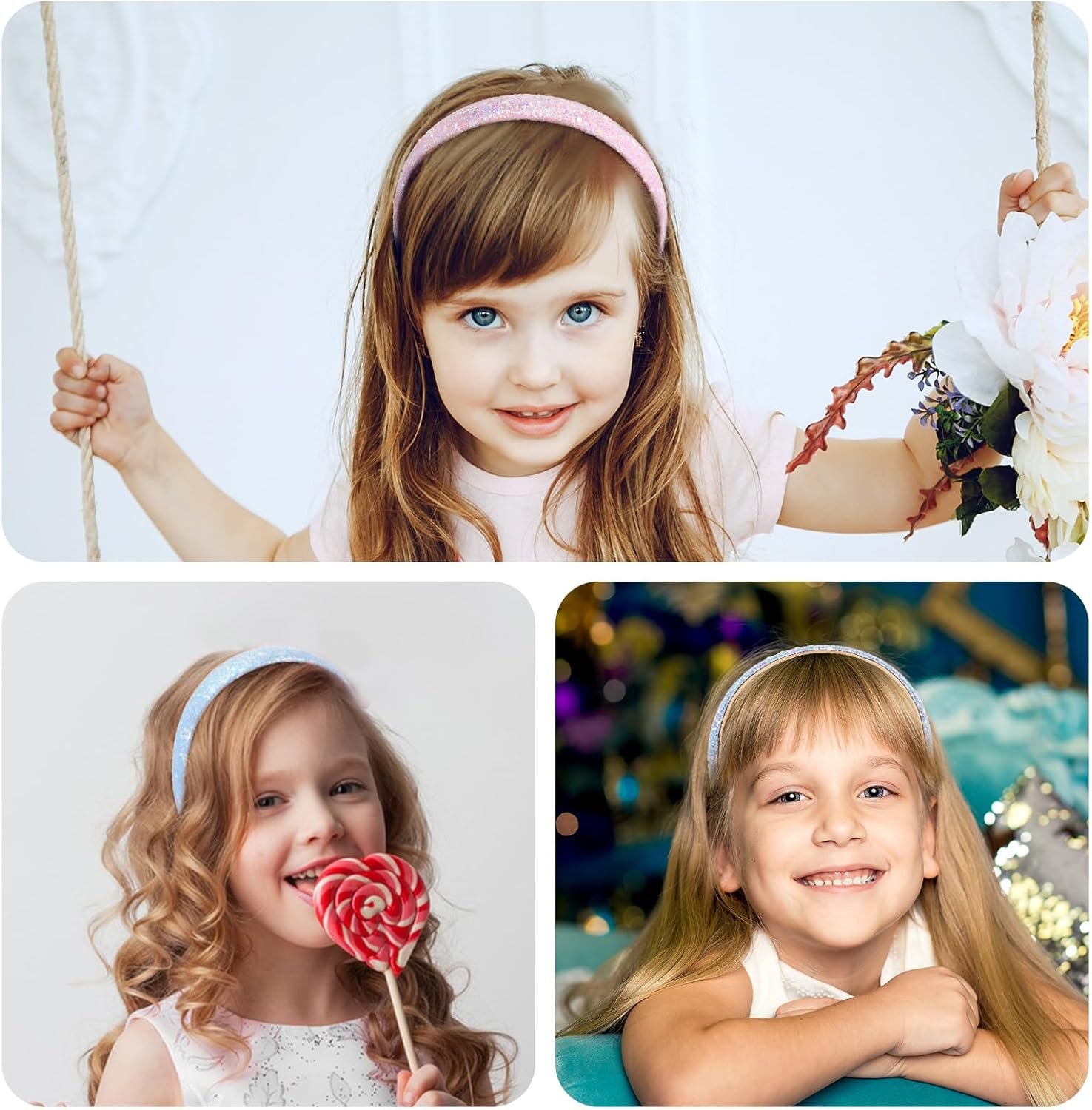 3PCS Girls Headbands Non-Slip Glitter Sequins Sparkly Hard Toddler Headband, Wide Padded Hair Bands Cute Hair Accessories for Birthday Party Favors Back to School Girls Women (Pink/Sky Blue/White) image number 5