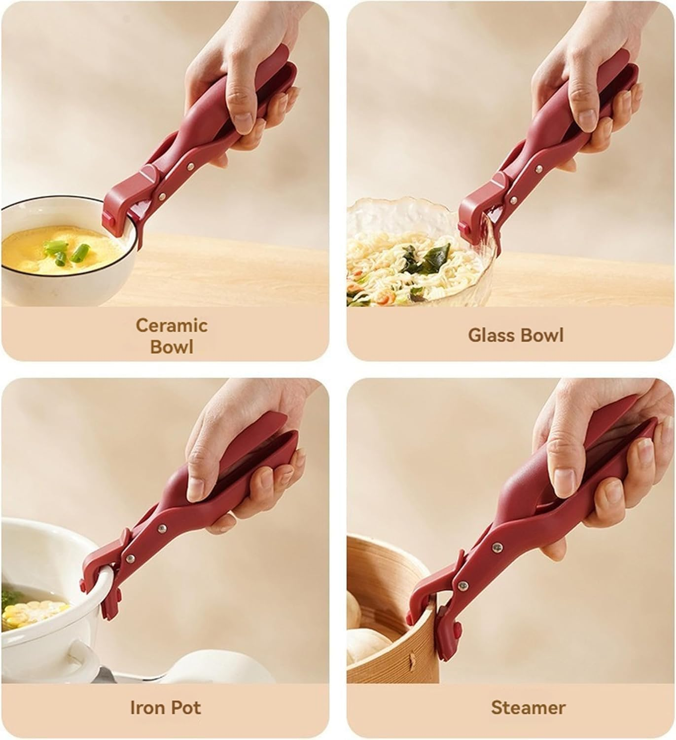 Hot Plate Gripper Tongs, Safely Moving Hot Plates, Heat Resistant Silicone Tong Non-Slip Anti-Scald Bowl Clip for Moving Hot Plate or Bowls Multi-Function Anti-Scalding Dish Plate Gripper,Red QFFAFAR