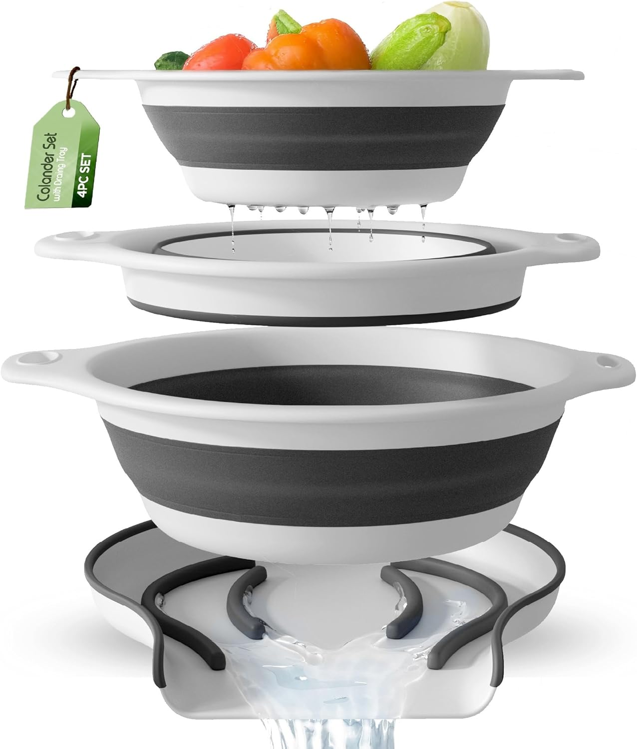 Gevoli Collapsible Colanders (3 Pack Set) Food Strainers with Over-Sink Water Draining Base for Pasta Fruits and Vegetables, White (3 Sizes, 3QT, 4QT and 5 Quart)