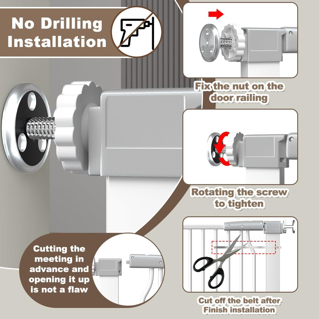 41-Inch Extra Tall Metal Auto Close Dog and Cat Gate for Doorways and Stairs, No Drill Adjustable 54.8-60.2-Inch Pressure Mounted Walk through Pet Gate with Expansion Kit, White image number 6