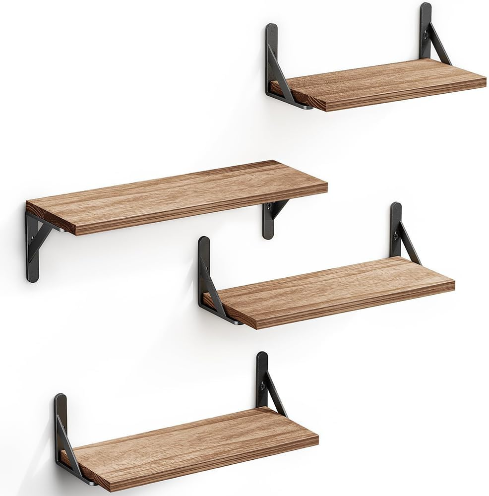 Floating Shelves, Rustic Wood Hanging Wall Mounted Storage Wood Display Shelf, 4 Sets of Wall Mounted Shelf for Bathroom Decor, Bedroom, Living Room and Plants (Black)