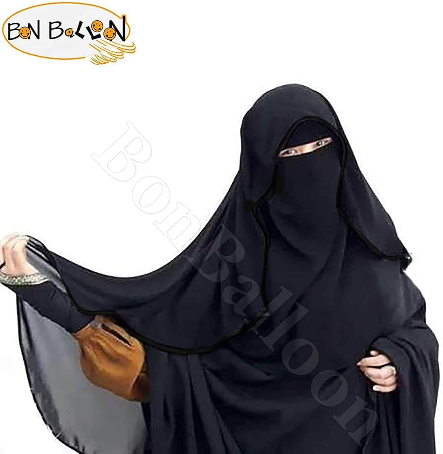 Chiffon Saudi First Class Quality Long Saudi Niqab Burqa Hijab Face Cover Veil Islam Islamic Jilbab (Black X Black Satin), Black X Black Satin image number 1