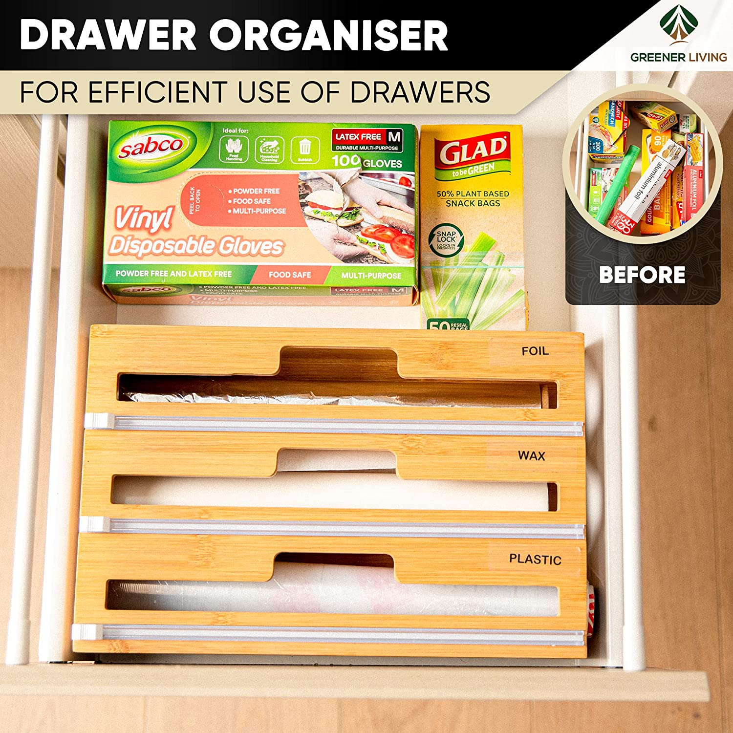 3 in 1 Wrap Dispenser with Cutter &ndash; Glad Wrap and Foil Dispenser Fits 30 Cm Rolls ONLY &ndash; Kitchen Drawer Organiser for Foil and Cling Wrap Compatible with All Brands for Cling Plastic Foil Baking Paper image number 4