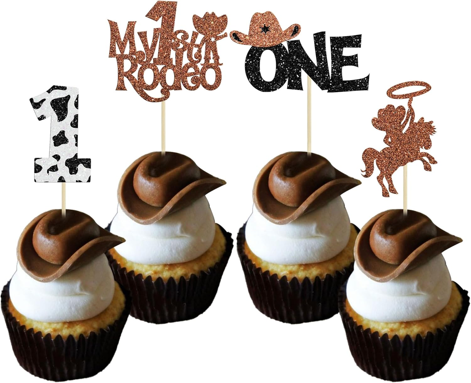 24Pcs Cowboy 1St Birthday Cupcake Toppers Glitter First Birthday Hat Cowboy One Cake Decorations for Western Theme Baby Shower Kids Boys 1St Birthday Party Supplies Brown image number 4