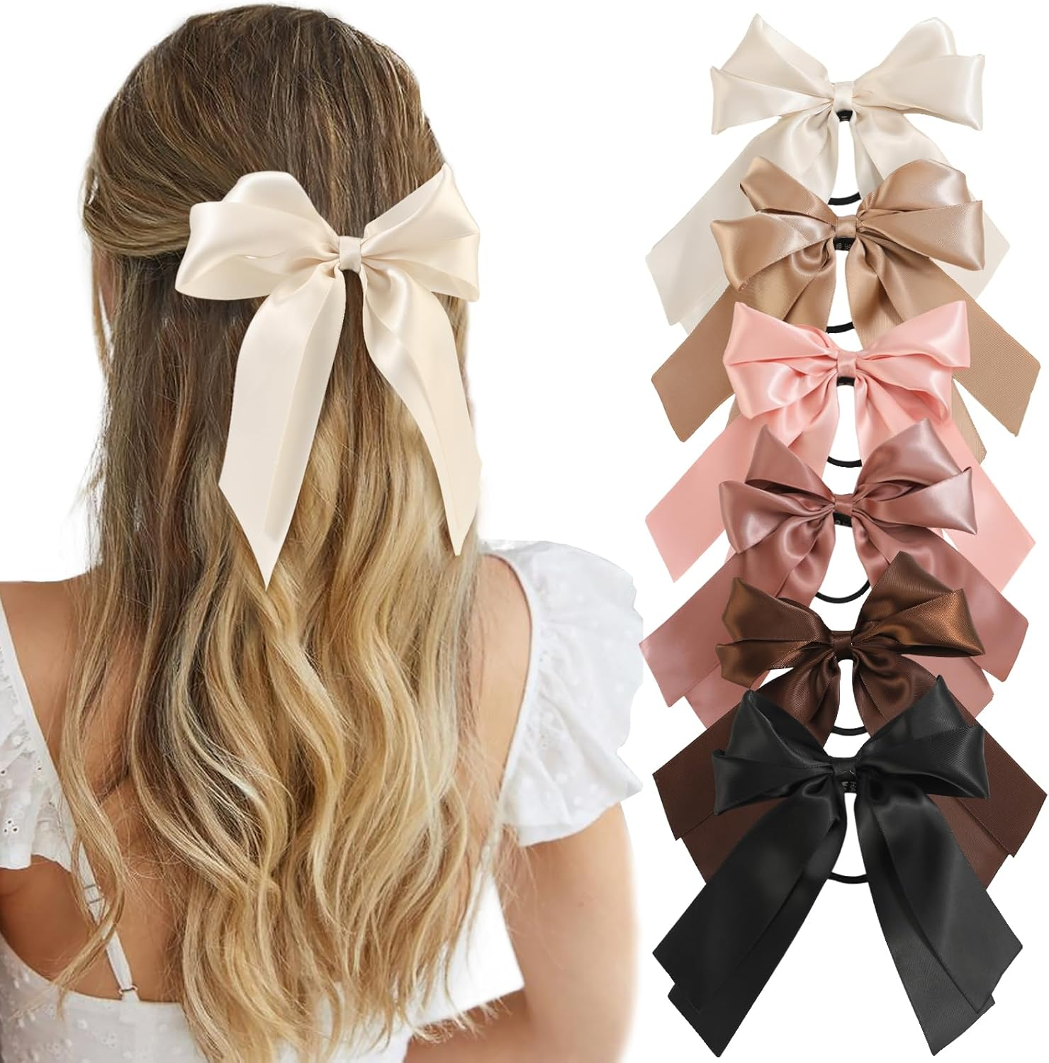 Yougeigy 6PCS Bow Hair Ties, Satin Hair Ribbon, Ribbon Hair Bows for Women Girls, Elastics Hair Scrunchies for Thick Thin Hair, Brown Hair Accessories